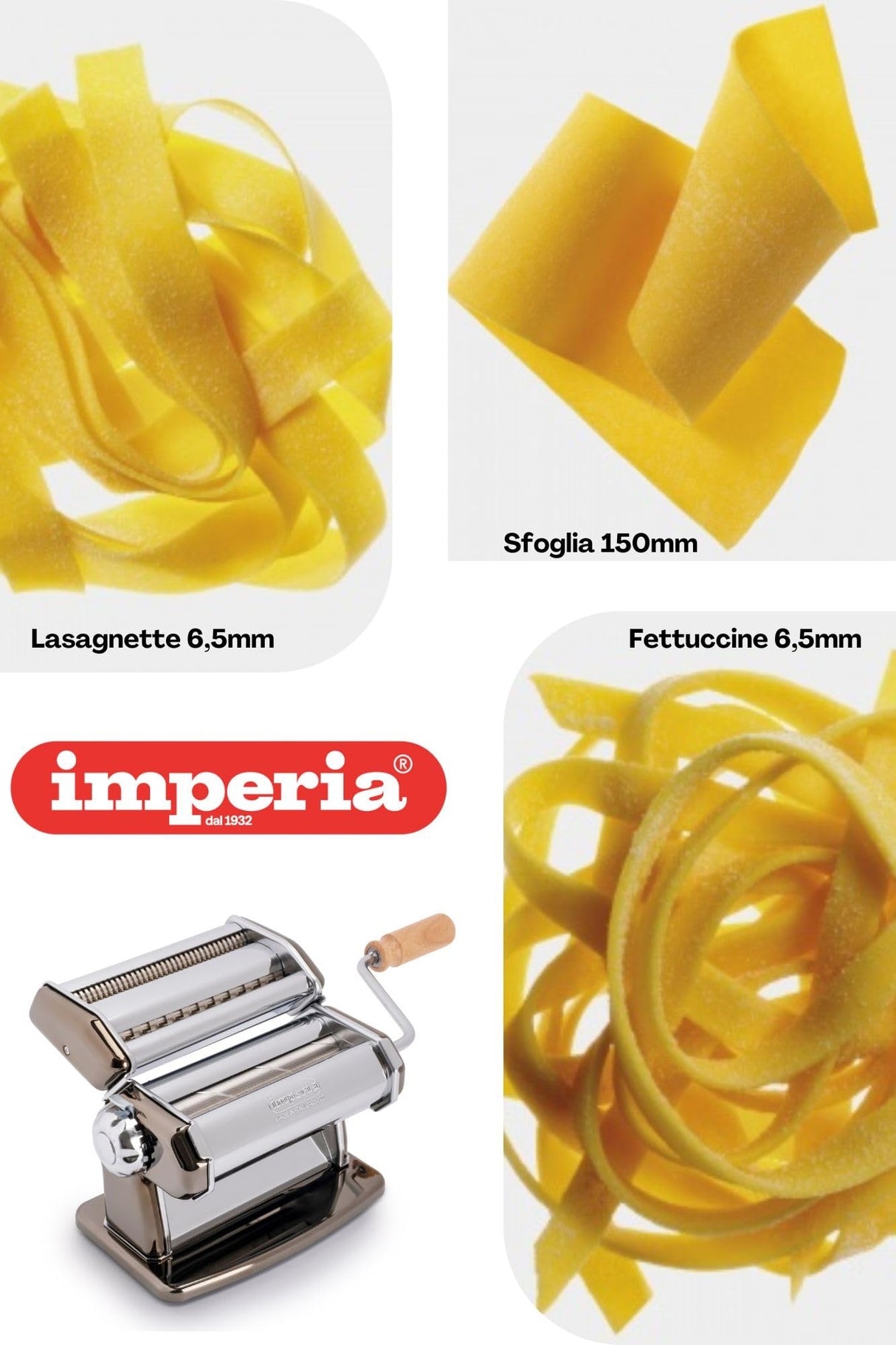 Imperia IPasta Línea Gourmet. Máquina para pasta rugosa. 100% Made in Italy. Máquina de pasta fresca en acero. Laminadora crea láminas rugosas y porosa, lasagnette y fettuccine. (Plata)