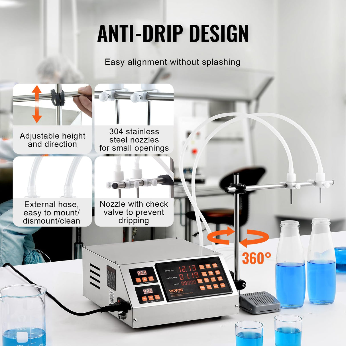 VEVOR Máquina Automática de Llenado de Líquidos Capacidad de Pesaje 5 a 650ml Llenadora de Botellas Bomba Peristáltica de Control Digital para Leche, Agua, Vino, Bebidas, Salsa de Soja, Boquilla Doble