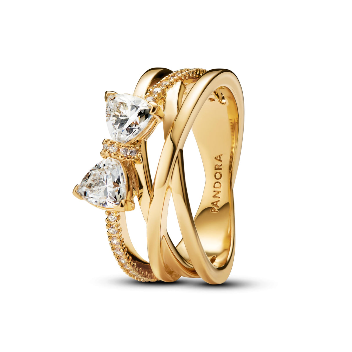 PANDORA Anillo para mujer con lazo brillante, color dorado 163511C01, 52/16,6, Plata de ley, Zirconia cúbica
