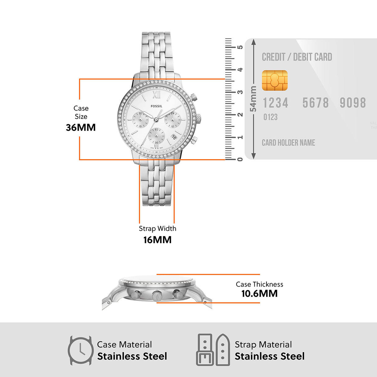 Fossil NeutraReloj para mujer, movimiento cronógrafo con correa de acero o piel, Tono plata y blanco, 36MM