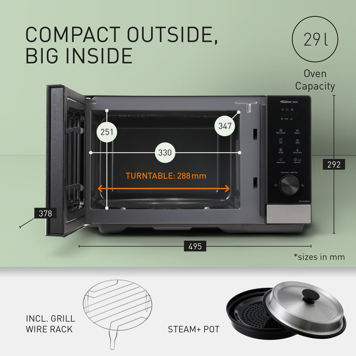 Panasonic NN-GD39QSEPG 29L Horno microondas parrilla de acero inoxidable con plato de vapor, 1000W, descongelación automática, rueda y accesorios