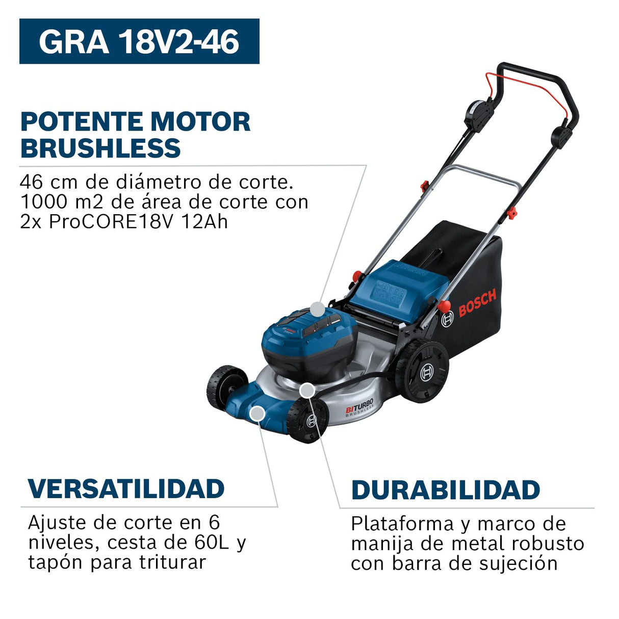 Bosch Professional 18V System cortacésped a batería GRA 18V2-46 (ancho de corte: 46 cm, 6 niveles de altura de corte, cesto de tela de 60 litros, incl. 2 llaves de aislamiento, tapón de triturado)