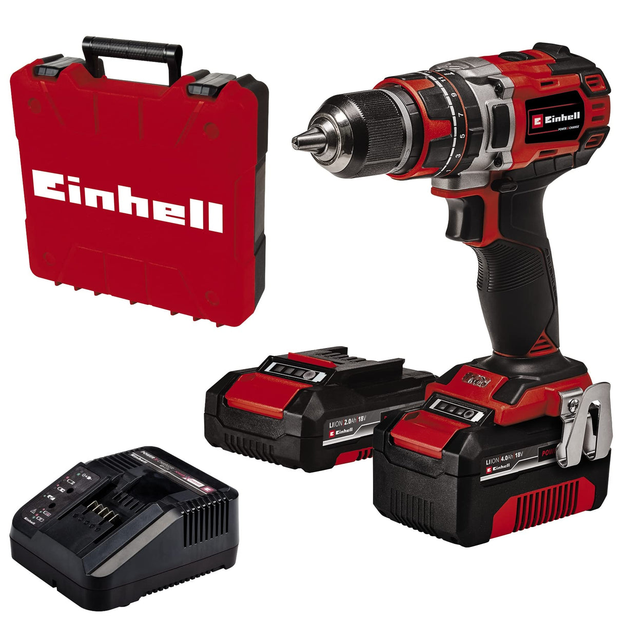 Einhell Taladro percutor con batería TE-CD 18/50 Li-i BL (2+4Ah) Power X-Change (18V, 50 Nm, motor sin escobillas, incl.1 batería de 2,0Ah y de 4,0 Ah y cargador rápido)