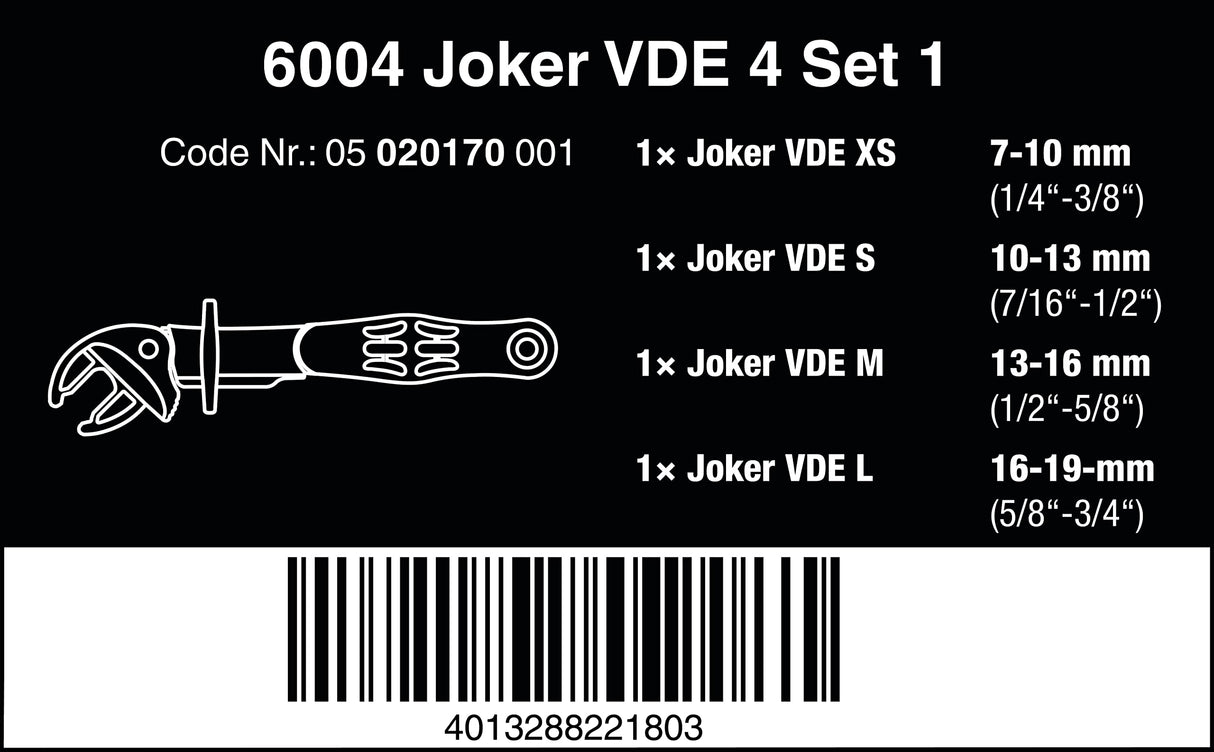 Wera 05020170001 6004 Joker VDE 4 Set 1, Juego de llaves de boca autoajustantes de aislamiento VDE, 4-teilig