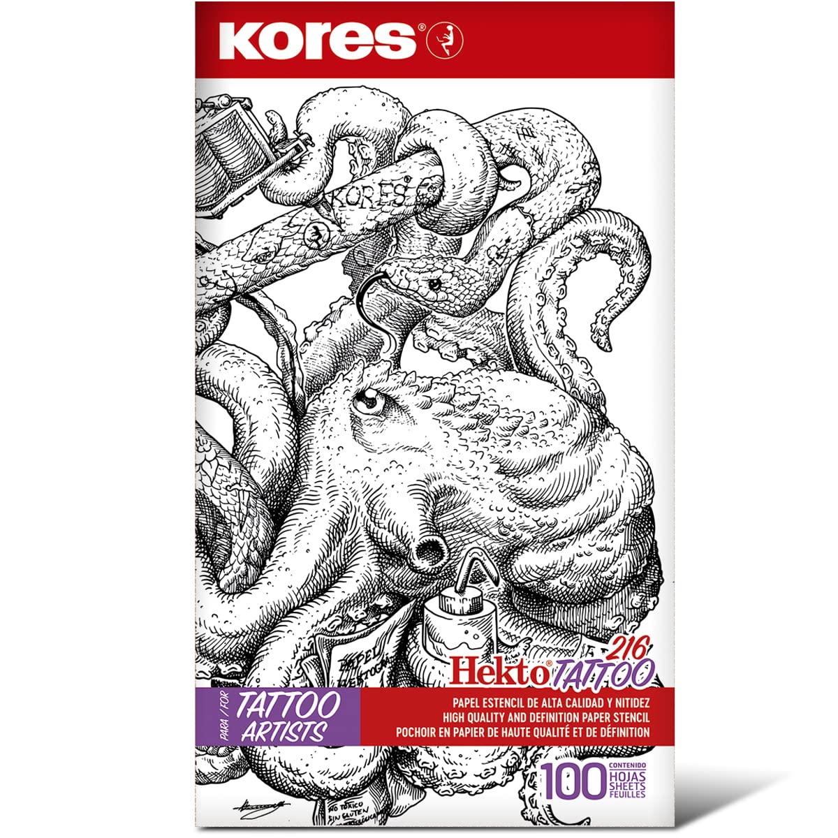 Kores - Papel de tatuaje - Hekto 216 - Papel de transferencia, plantilla con tinta morada para kit de tatuaje - No tóxico - Papel de plantilla de tatuaje - 21,5 x 36,8 cm - Caja de 100