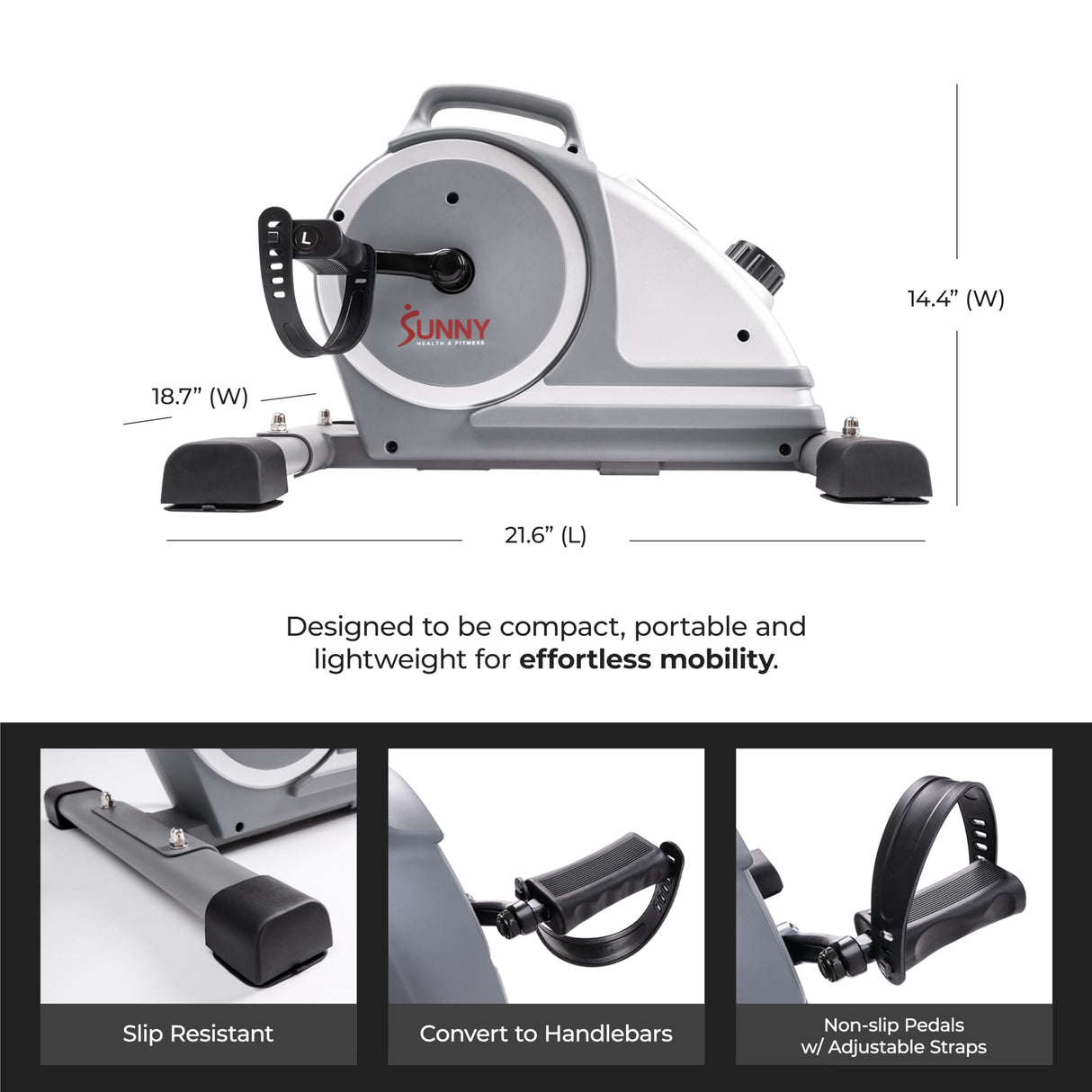 Sunny Health & Fitness Ejercitador de Pedales magnético para Debajo del Escritorio, Doble acción, diseño Discreto
