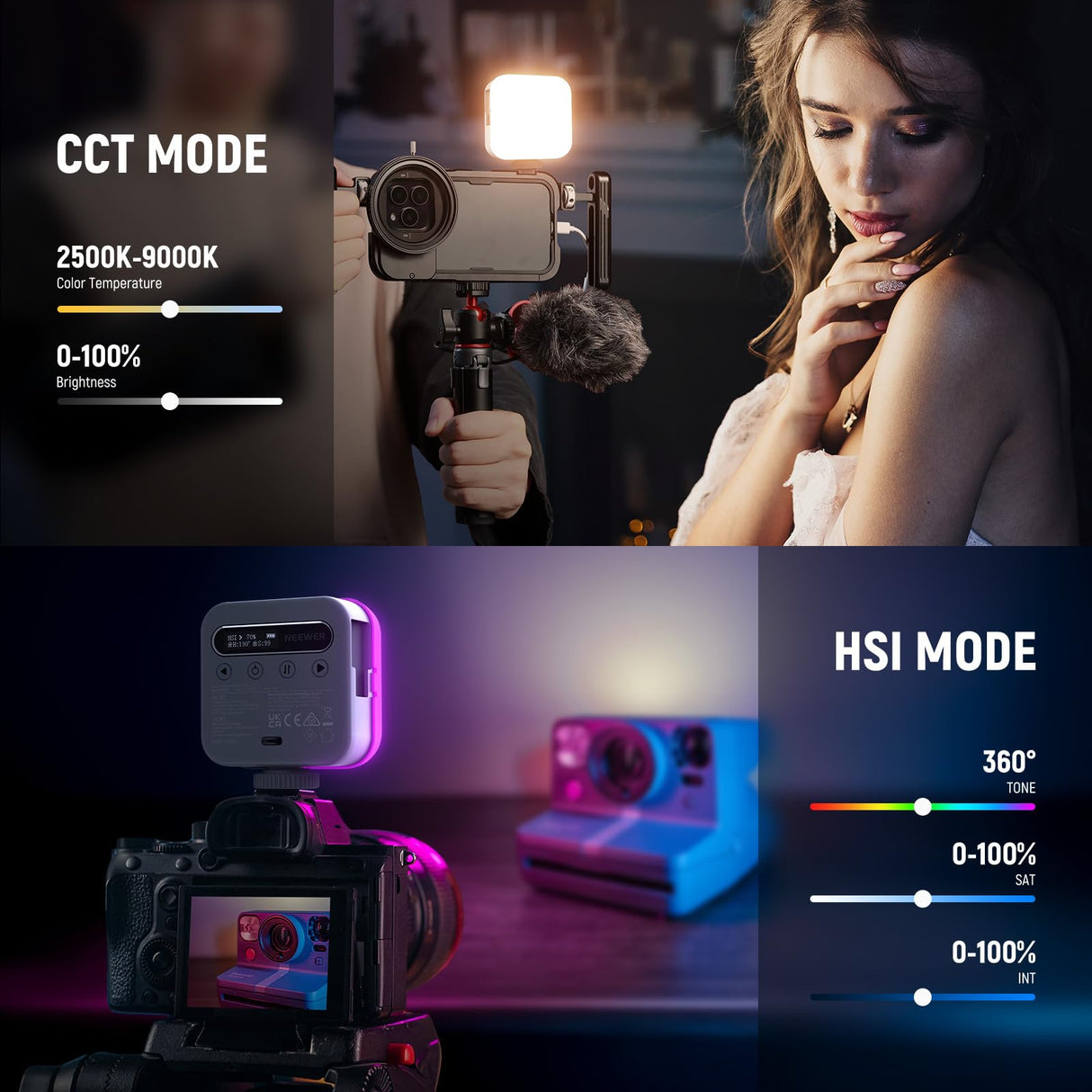 NEEWER Luz de Vídeo RGB Magnética Mini Luz LED Cámara 360° Todo Color con CRI96+ 2500-9000K 18 Escenas 3 Zapata Fría y 1/4" 2000mAh Recargable Portátil Iluminación Fotografía con Trípode/Selfie,BL60C