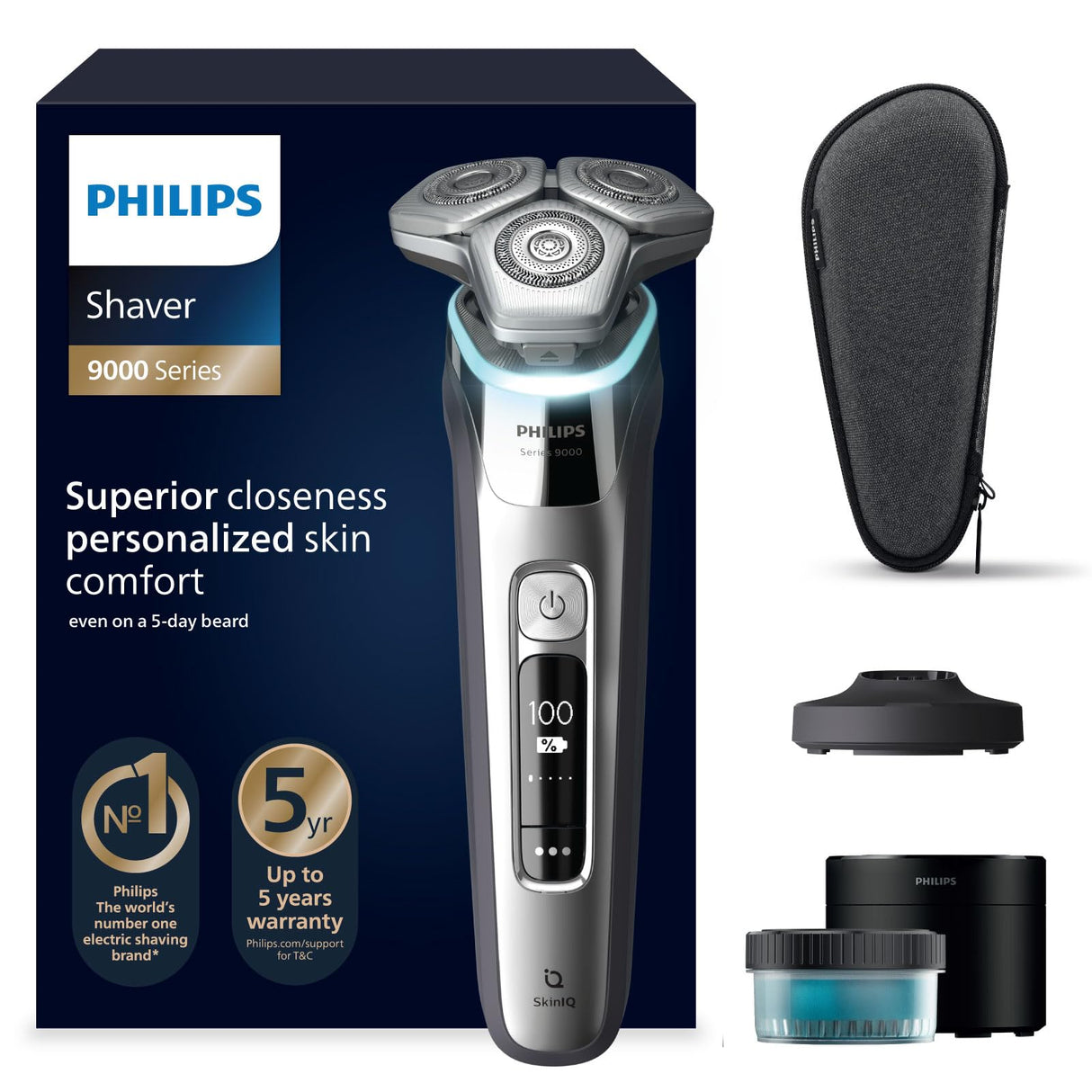 Philips S9000, Afeitadora Eléctrica Hombre, Máquina de Afeitar Barba en Seco y Mojado con Tecnología SkinIQ, Cortapatillas Desplegable, Centro de Limpieza, Soporte de Carga, Estuche de Viaje, S9975/54