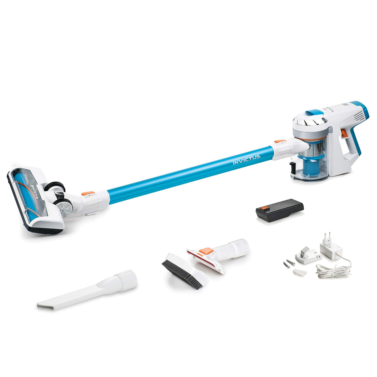 Genius Invictus X7 - Aspirador inalámbrico 2 en 1 (13 Piezas) con Potencia de succión de 380 W y Luces LED integradas, batería de Iones de Litio (30 min), Color Blanco y Azul