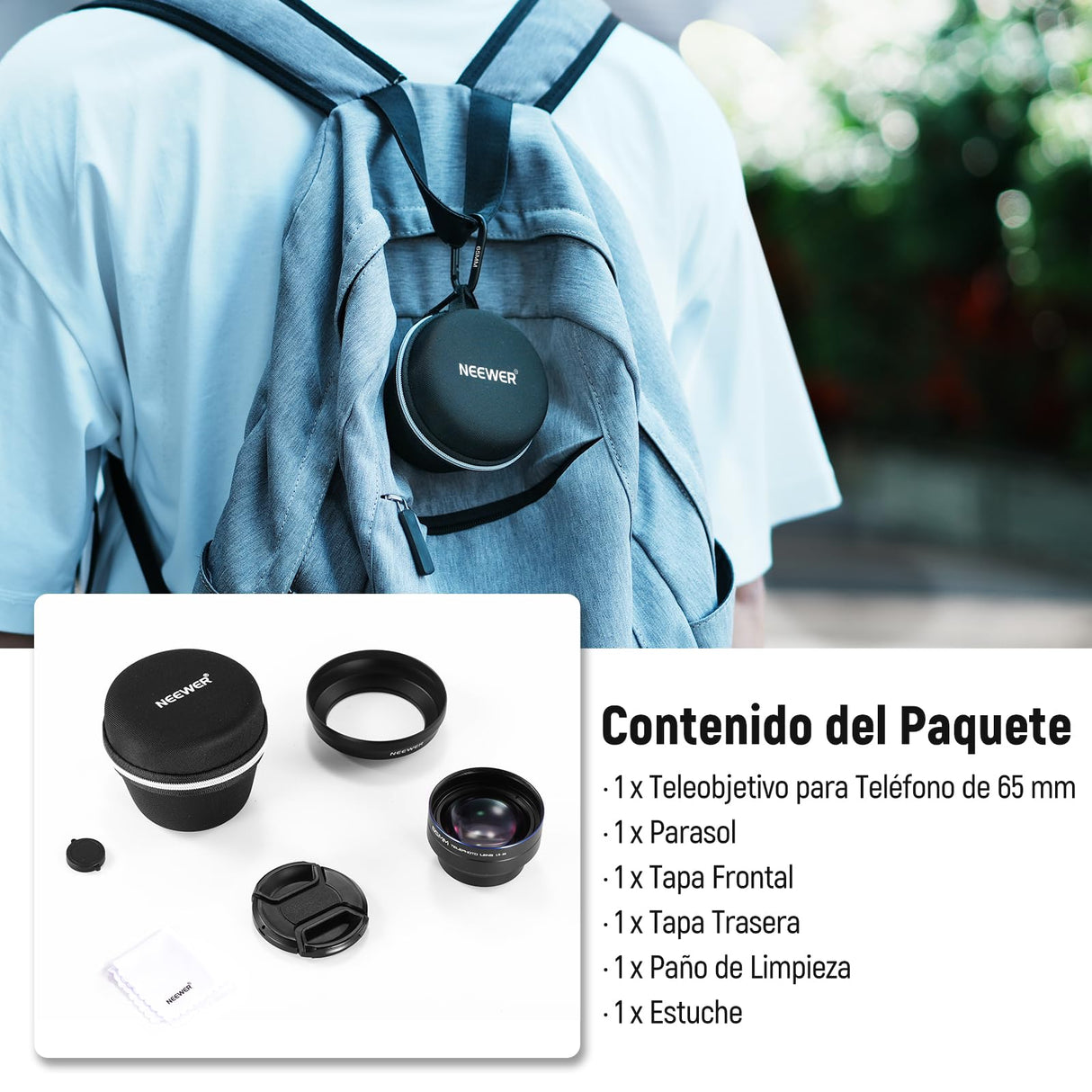NEEWER HD 65mm Telefoto Phone Camera Lens con Parasol Solo para 17mm Rosca Placa Trasera Phone Cage Case, 1,7X Zoom Accesorio Lente Compatible con iPhone 16, 15, S25, S24 Ultra, Android, LS-66
