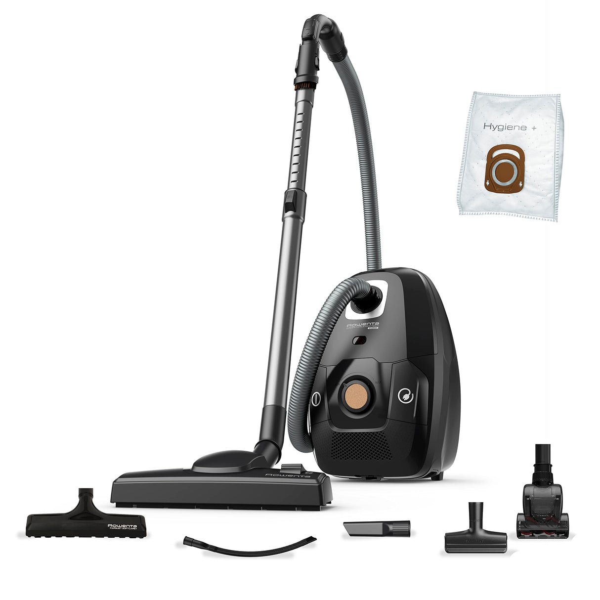 Rowenta Green Force Effitech RO6189 - Aspirador con bolsa de 400 W, hasta un 82 % reciclable, gran filtración HEPA más de 99,98%, depósito de 4,5 L, cable de 8,4 m, incluye accesorios, negro