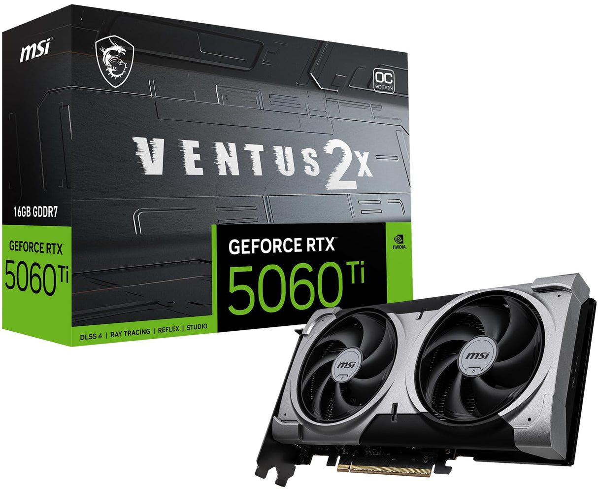MSI Gaming RTX 5060 Ti 16G Ventus 2X OC Plus - Tarjeta gráfica (16 GB GDDR7, 128 bits, Rendimiento Extremo: TBA MHz, DisplayPort x 3 2.1a, HDMI 2.1b, Arquitectura NVIDIA Blackwell)