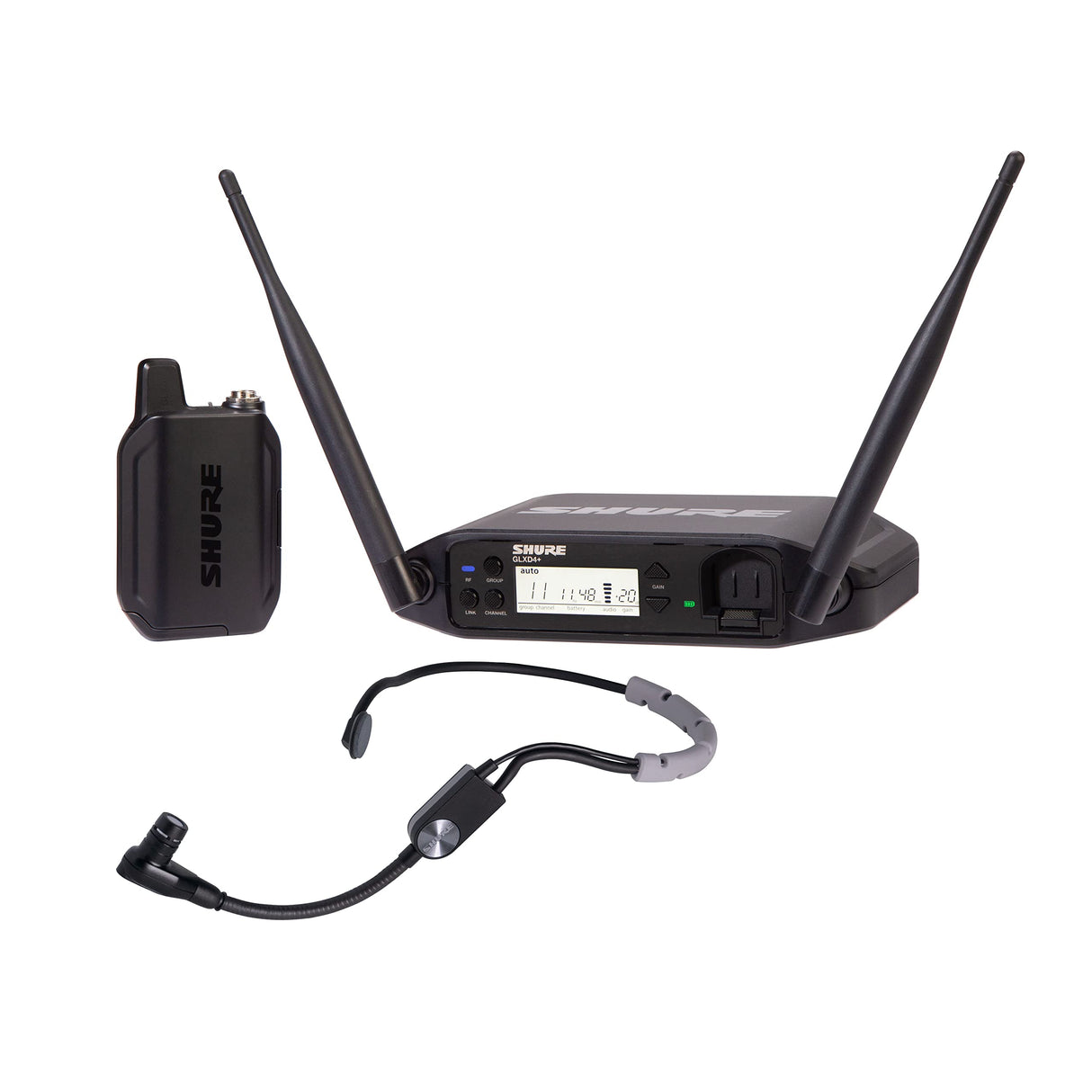 Micrófono inalámbrico Shure GLXD14+/SM35 de doble banda para presentaciones con batería de 12 horas y alcance de 30m. Incluye micrófono de diadema SM35 y receptor de canal único.