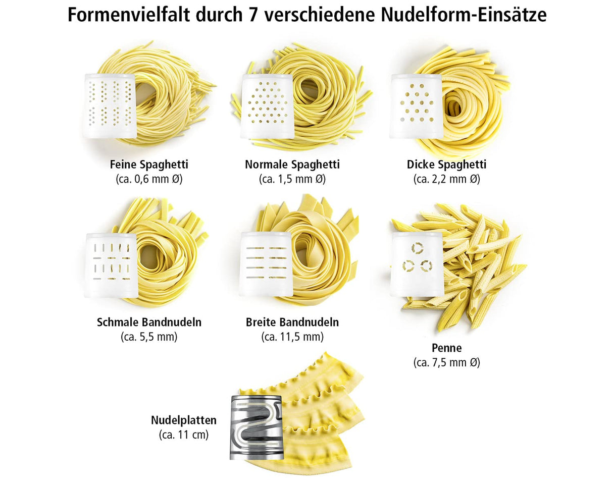 ROMMELSBACHER Máquina de pasta eléctrica PM 220 – hasta 800 g, báscula integrada, suministro de agua controlado, 6 programas totalmente automáticos, tornillo prensado de acero inoxidable, 7 moldes