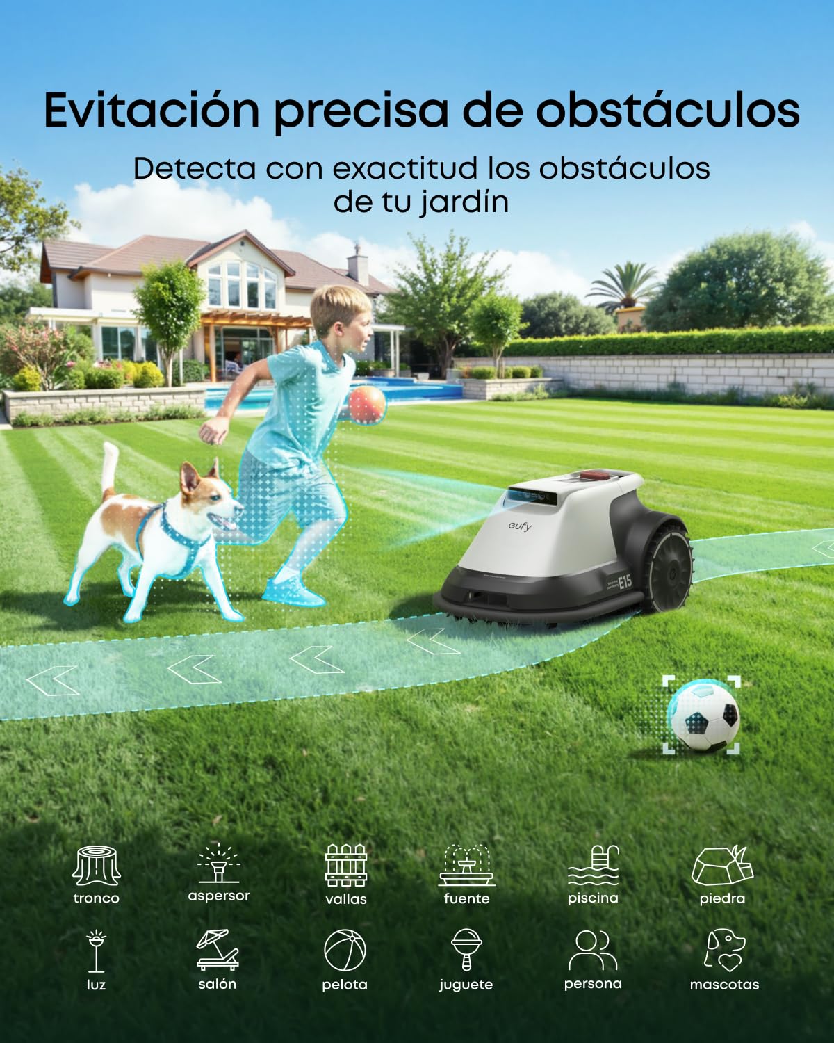 eufy E15 Cortacésped Robótico sin Cable Perimetral,Sin Señal Perdida, Sin RTK,TrueVision, Navegación Inteligente, Jardín hasta 800 m², Corte Preciso Bordes, Evita Obstáculos, Control por App