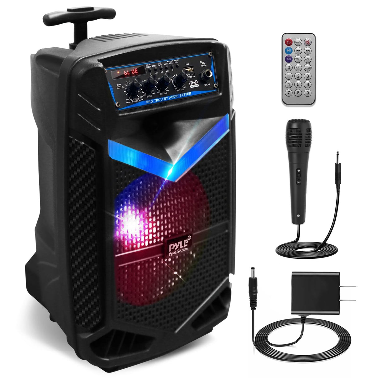 PYLE Sistema de Altavoces, PA, 400W, Bluetooth, portatil, Recargable, Exteriores, subwoofer de 8”, Tweeter de 1”, función de grabación, micrófono, Luces de Fiesta, Radio USB/SD, Color Negro