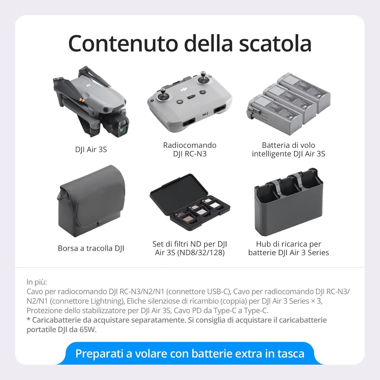 Pack DJI Air 3S Vuela Más (RC-N3), dron con gran angular con CMOS 1" y telecámara media, vídeo 4K/60 fps HDR, detección de obstáculos omnidireccional en escenas nocturnas y 3 baterías para volar más