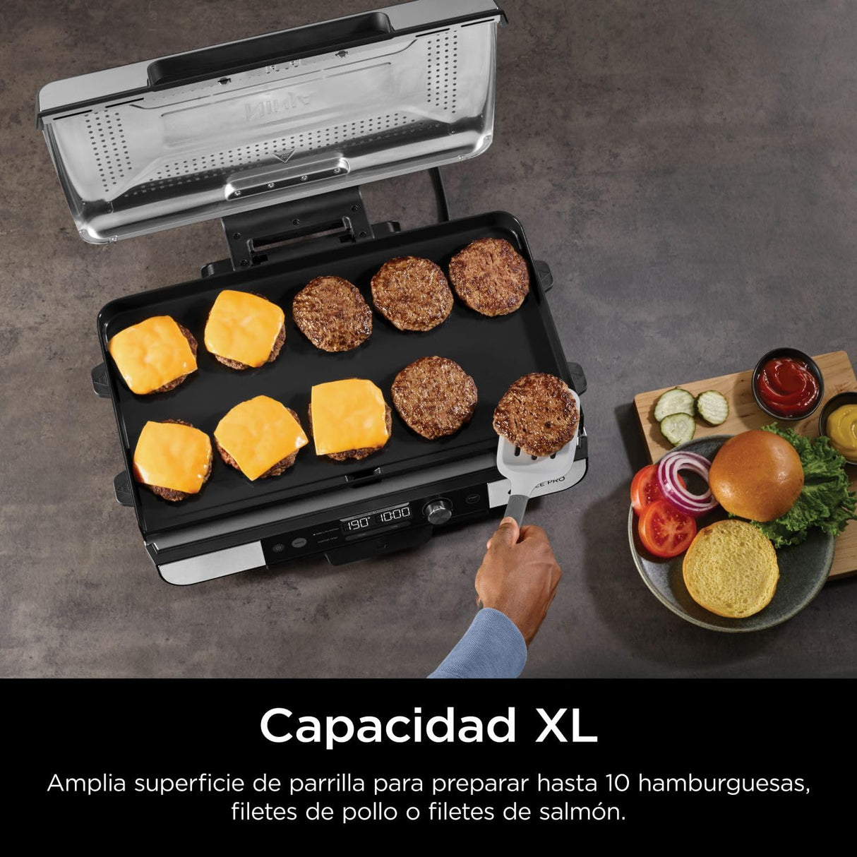 Ninja Sizzle Pro XL Parrilla y plancha para interior, con placa de parrilla y plancha cerámicas antiadherentes, tapa desmontable, recogegrasas y guía de recetas, color plateado/negro GX101EU