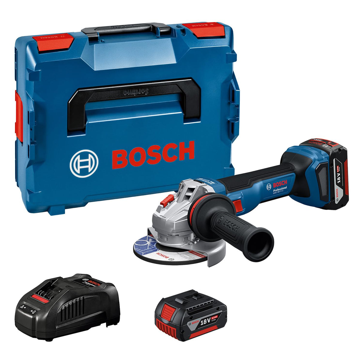 Bosch Professional 18V System amoladora angular a batería GWS 18V-11 S (diámetro del disco de 125 mm, incl. 2 baterías GBA 5.0Ah, cargador GAL 1880, L-BOXX)