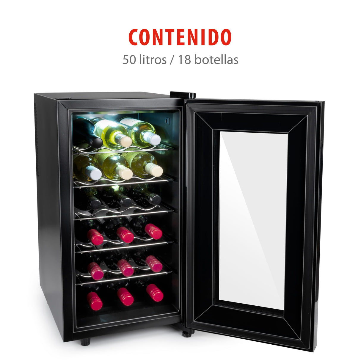 alpina Vinoteca - 230V - 18 Botellas/50L - Vinoteca - Temperatura regulable 11°C a 22°C - Puerta de Cristal e Iluminación Interior - Poco o Ningún Ruido - Negro