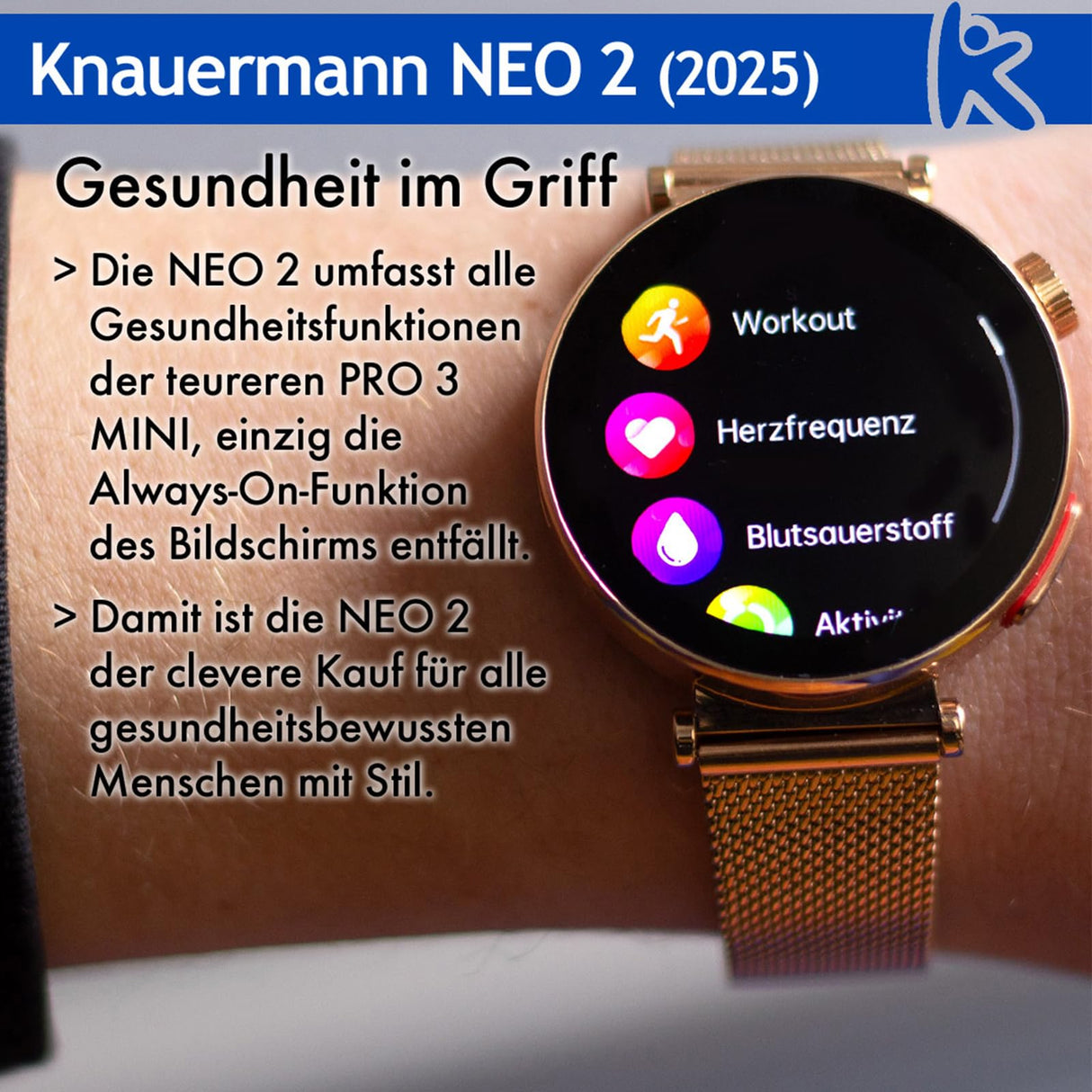 Knauermann Neo 2 (2025) – Oro Redondo – Reloj Salud Smartwatch – ECG – Función HRV – BT Bluetooth – Apnea del sueño – Presión Arterial – Correa de Silicona Rosa, Durchmesser: 40 mm; Dicke:,