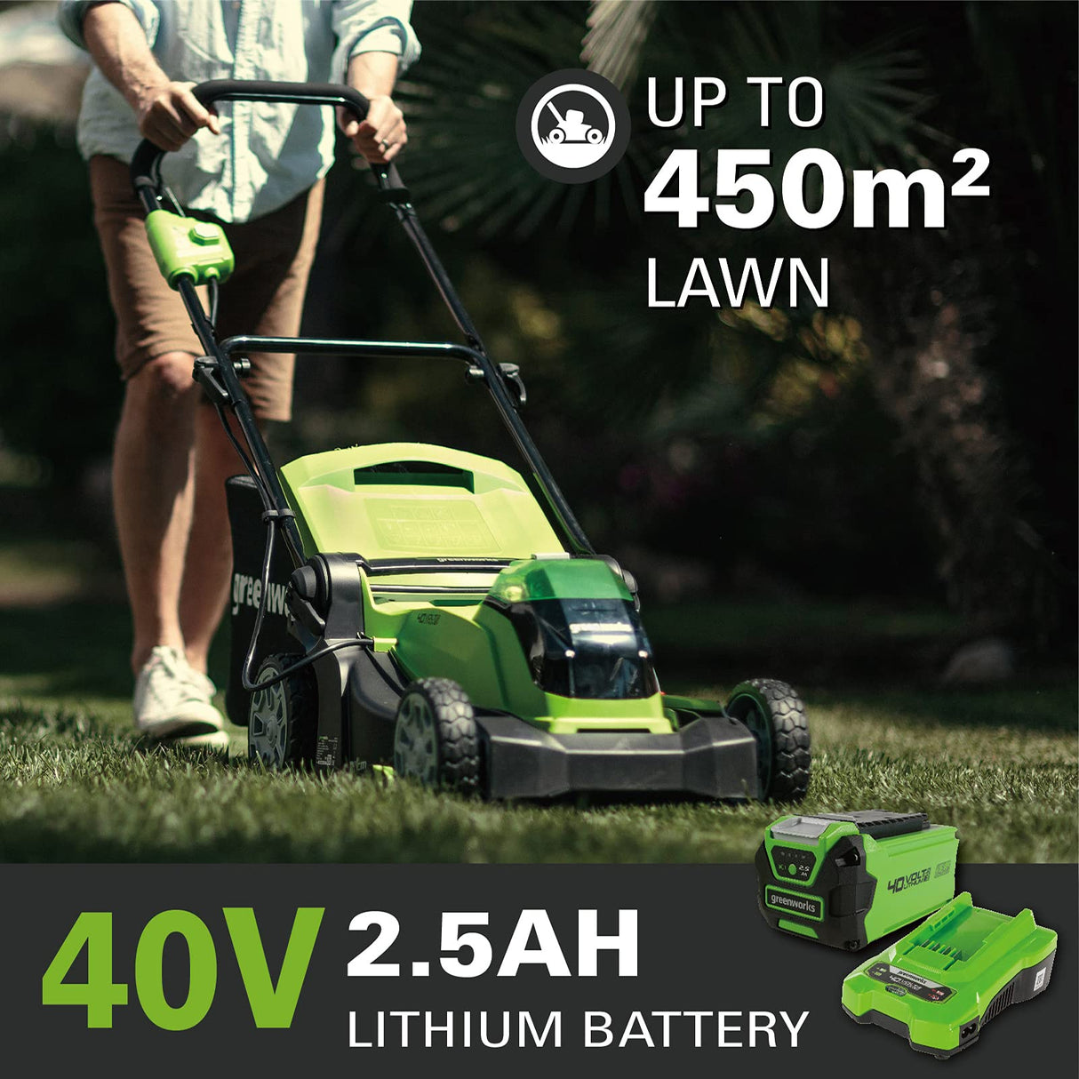 Greenworks G40LM41K25 Cortacésped de Batería para Céspedes de Hasta 300 m², Ancho de Corte 41 cm, Bolsa de 50L MÁS Batería de 40V 2,5Ah y Cargador, Garantía de 3 Años