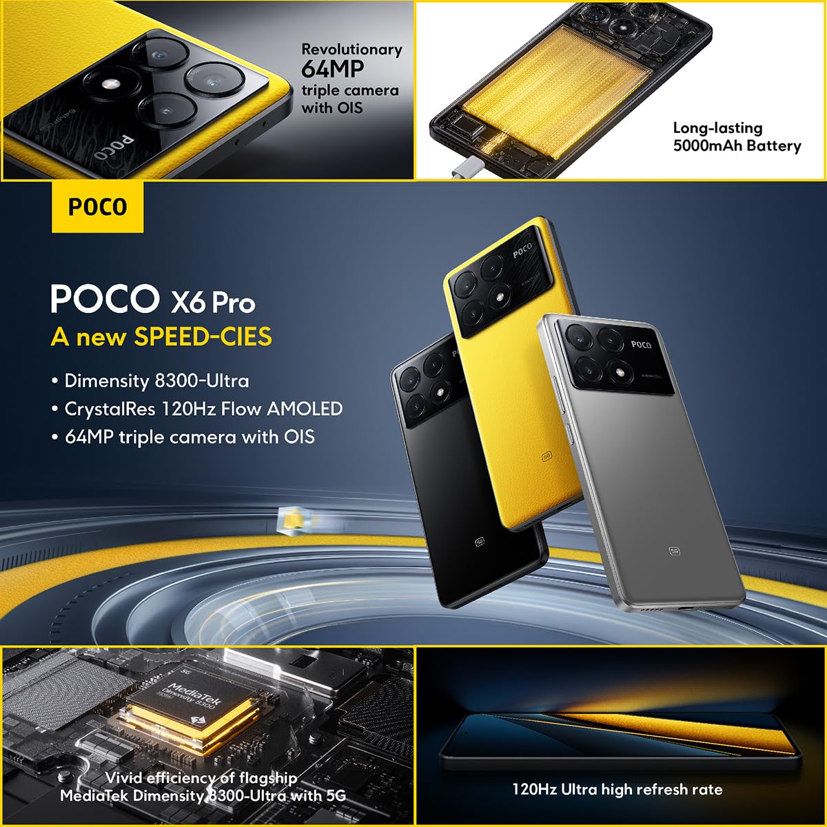 Poco X6 Pro - Smartphone de 12+512GB, Pantalla AMOLED de 6.67” 120Hz 1.5K, MediaTek Dimensity 8300-Ultra, Triple cámara de hasta 64MP, 5000mAh, Negro (Versión ES)