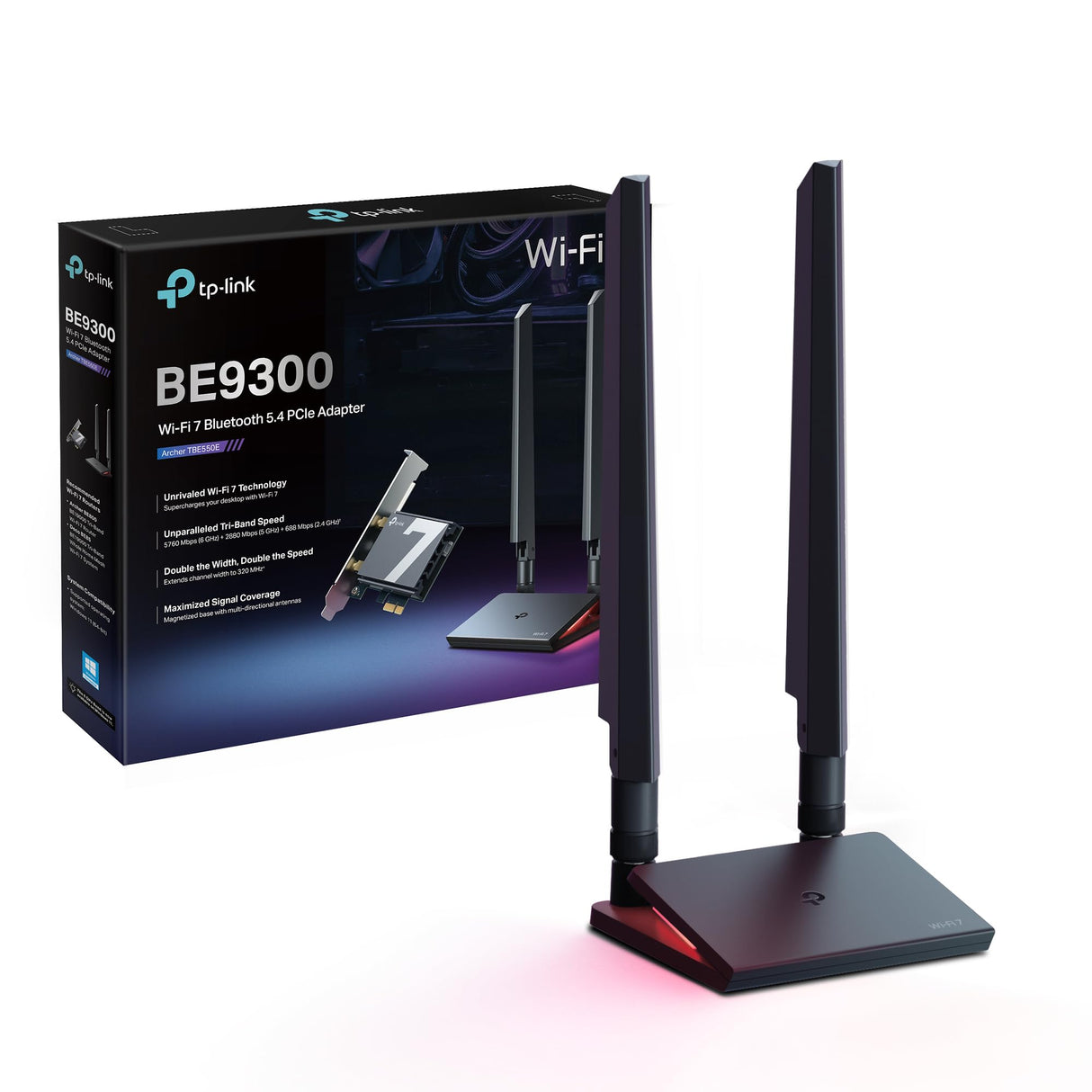 Archer TBE550E Adaptador PCI-E Wi-Fi 7 BE9300, Tri-Banda con Bluetooth 5.4| Antenas multidireccionales| Seguridad WPA3| Instalación rápida con USB| luz LED Multicolor| Compatible con Windows 11