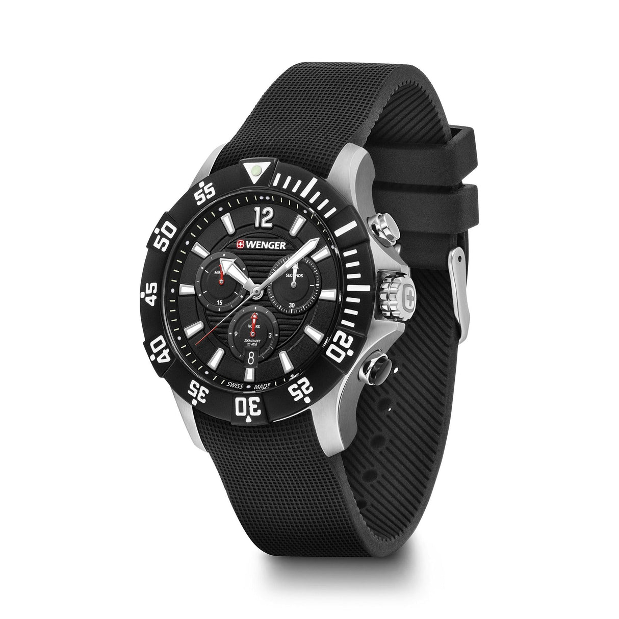 Wenger Relojes Hombre Seaforce Cronografo Ø 43mm, Suizos, Cuarzo, Impermeable 200m, Silicona Pulsera, Negro/Blanco, 01.0643.118