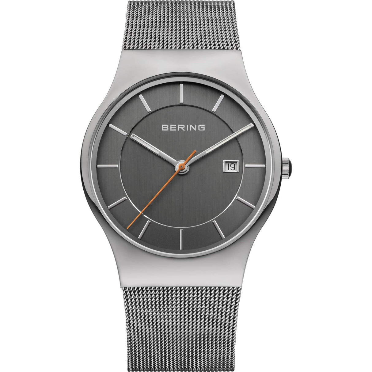 BERING 11938-007 Reloj de cuarzo para hombre con caja de acero inoxidable de 40 mm con acabado en gris y esfera gris, correa milanesa, cristal de zafiro y resistencia al agua de 3 ATM