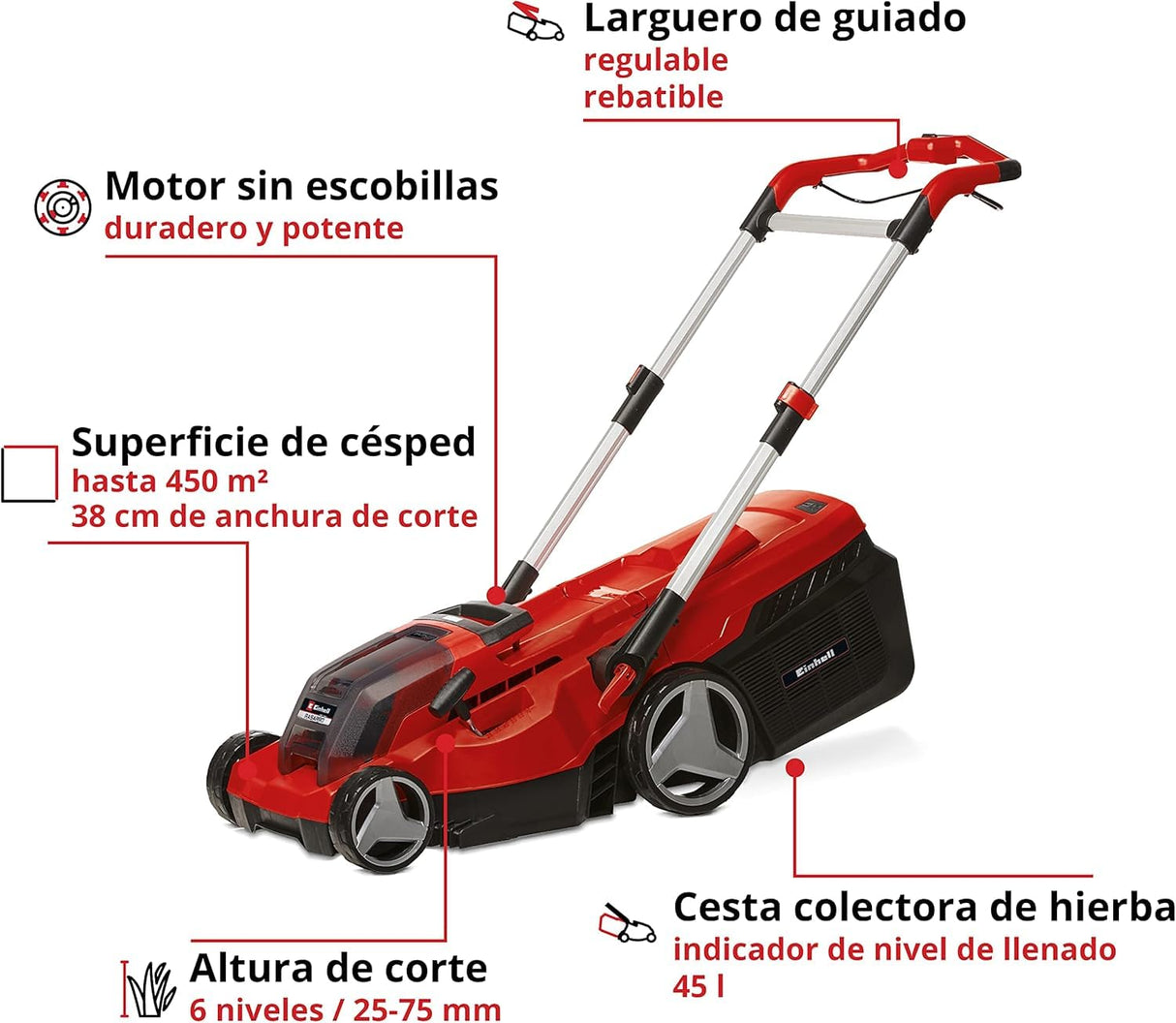 Einhell Cortacésped a batería RASARRO 36/38 Kit Power X-Change (36 V, 38 cm ancho de corte, 450 m², Brushless, función de mulching, 45L bolsa recolectora, con 2x 4,0 Ah baterías y Twincharger)