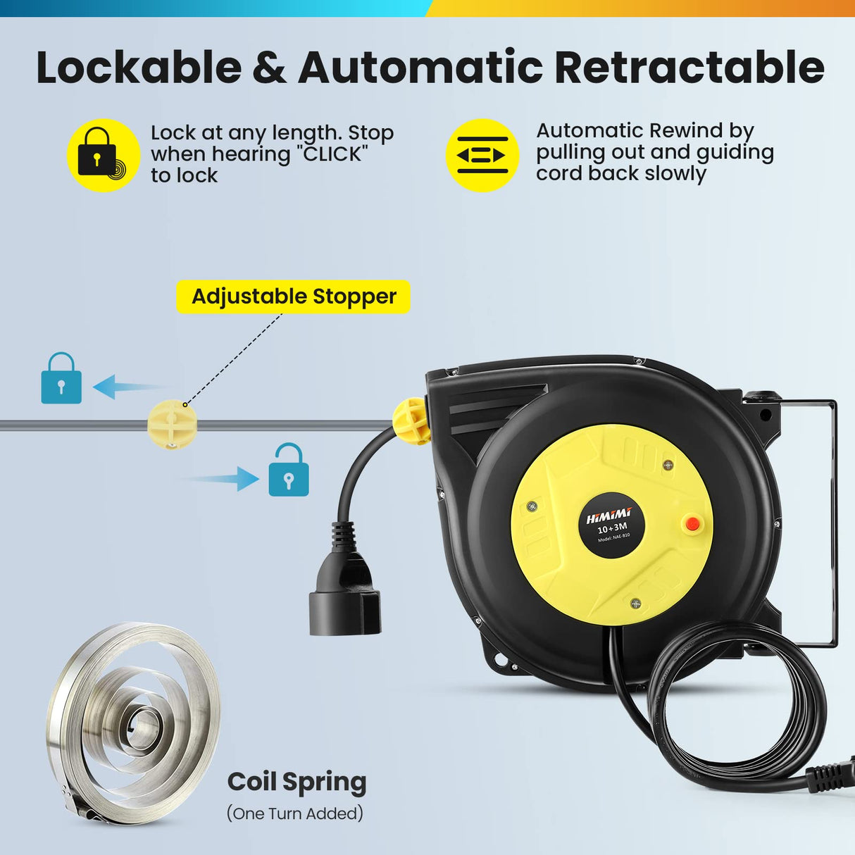 Enrollador de cable automático profesional 10 m + 3 m | Enrollador retráctil montado pared y techo | 1250 W ~ 2000 W | carretes de cable automática | Giratorio 180° | Para interiores y exteriores
