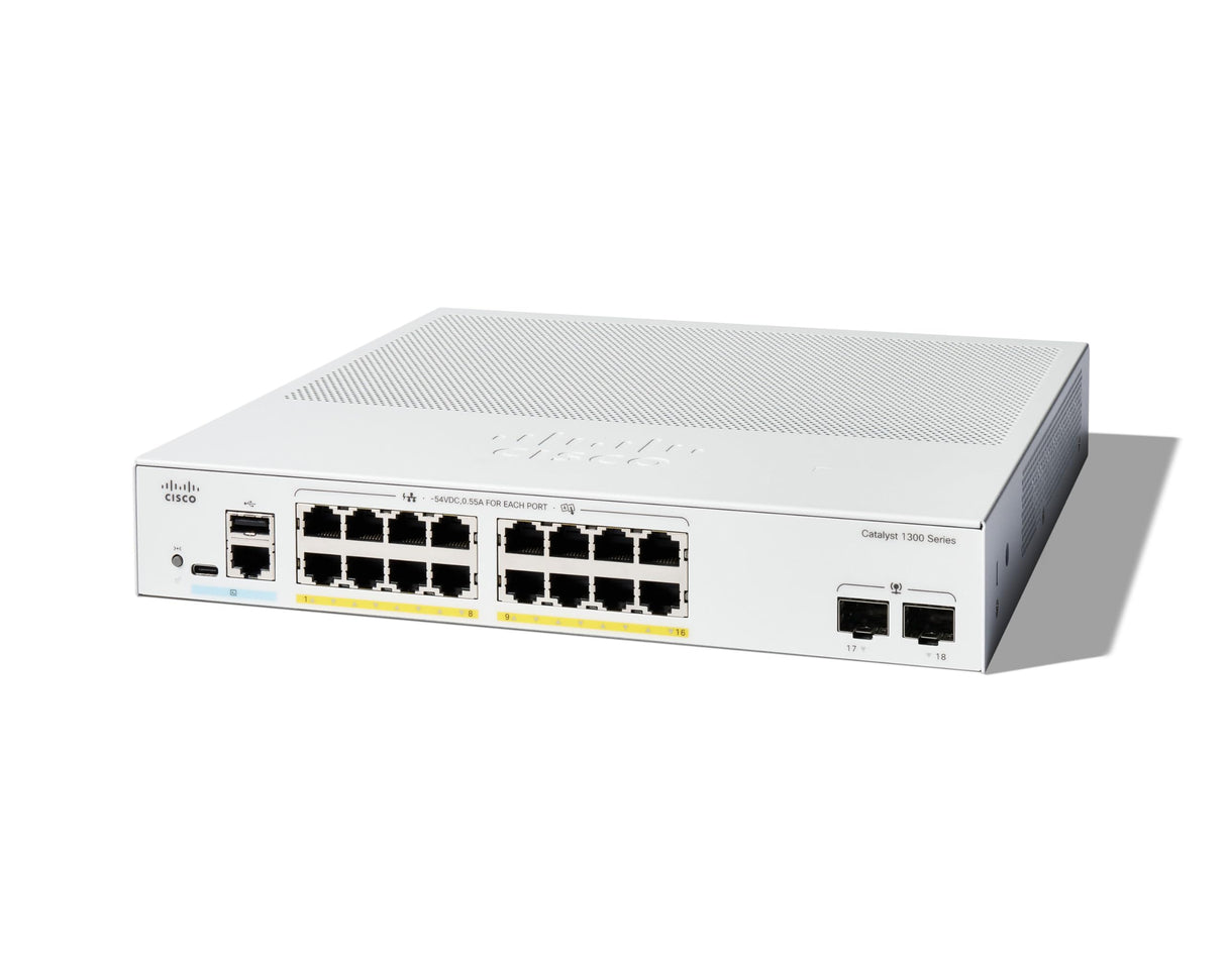 Cisco Switch administrado Cisco Catalyst 1300-16P-2G, GE de 16 Puertos, PoE, SFP GE 2x1, protección Limitada de por Vida (C1300-16P-2G)