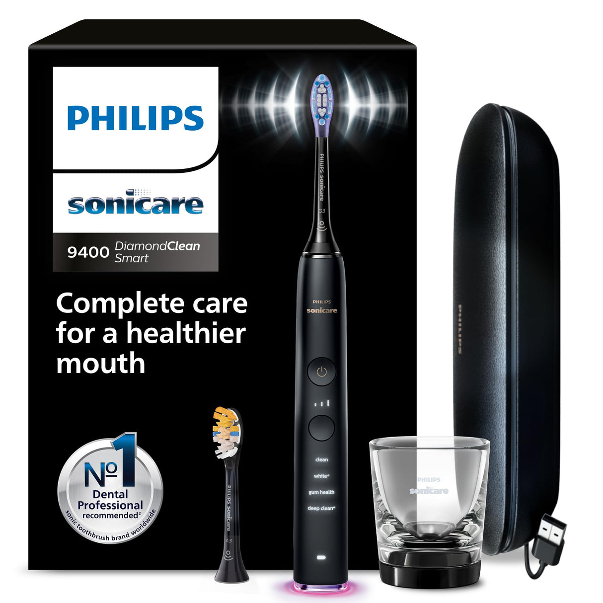 Philips Sonicare DiamondClean Smart 9400, cepillo dental eléctrico, sónico con aplicación, sensor de presión, detección de cabezal de cepillado, negro, modelo HX9917/89