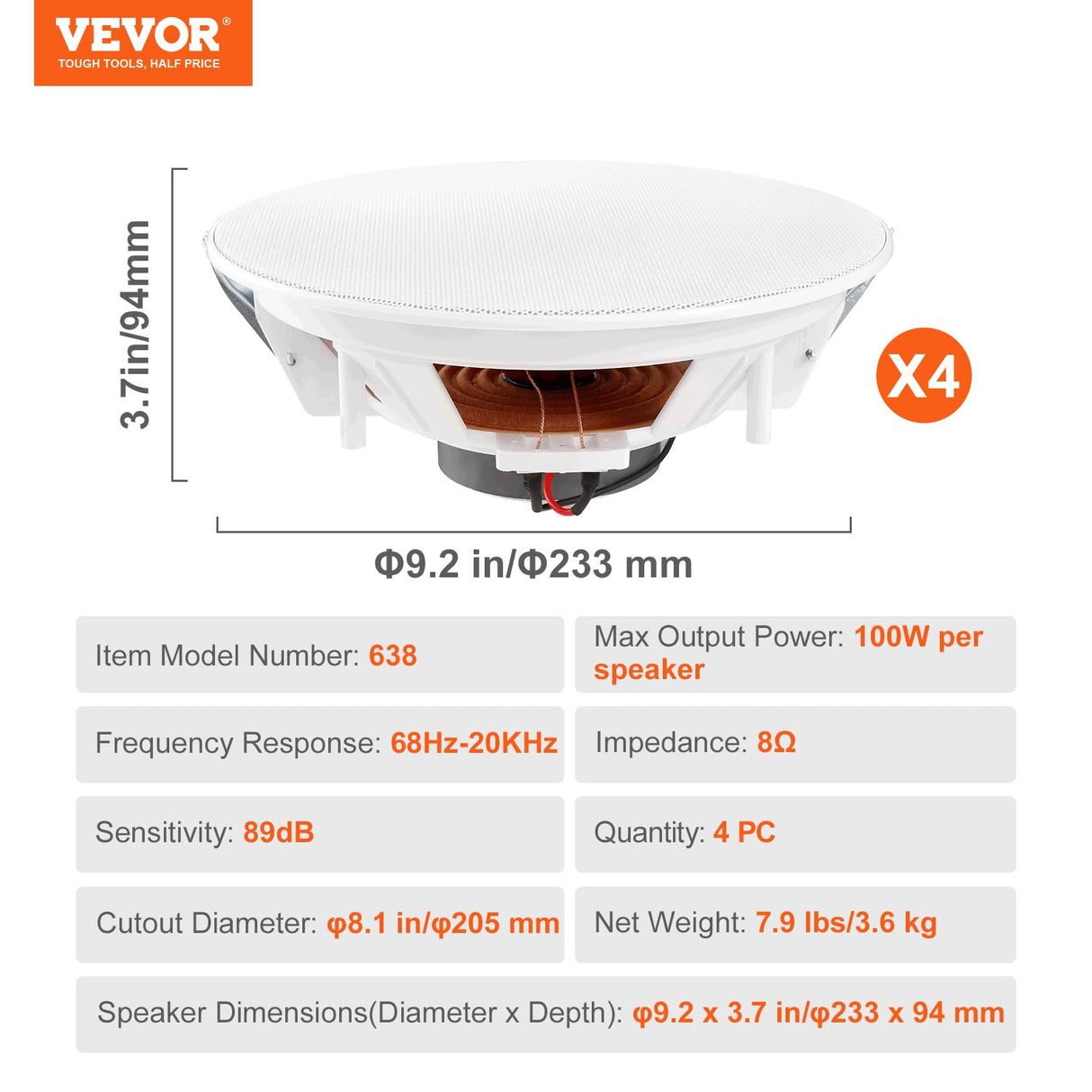 VEVOR 4 Altavoces de Techo de 205 mm, 100 W, Altavoces de Techo y de Pared de Montaje Empotrado con 8 Ω Impedancia 89 dB de Sensibilidad para Hogar, Sala de Estar, Dormitorio o Porches Cubiertos