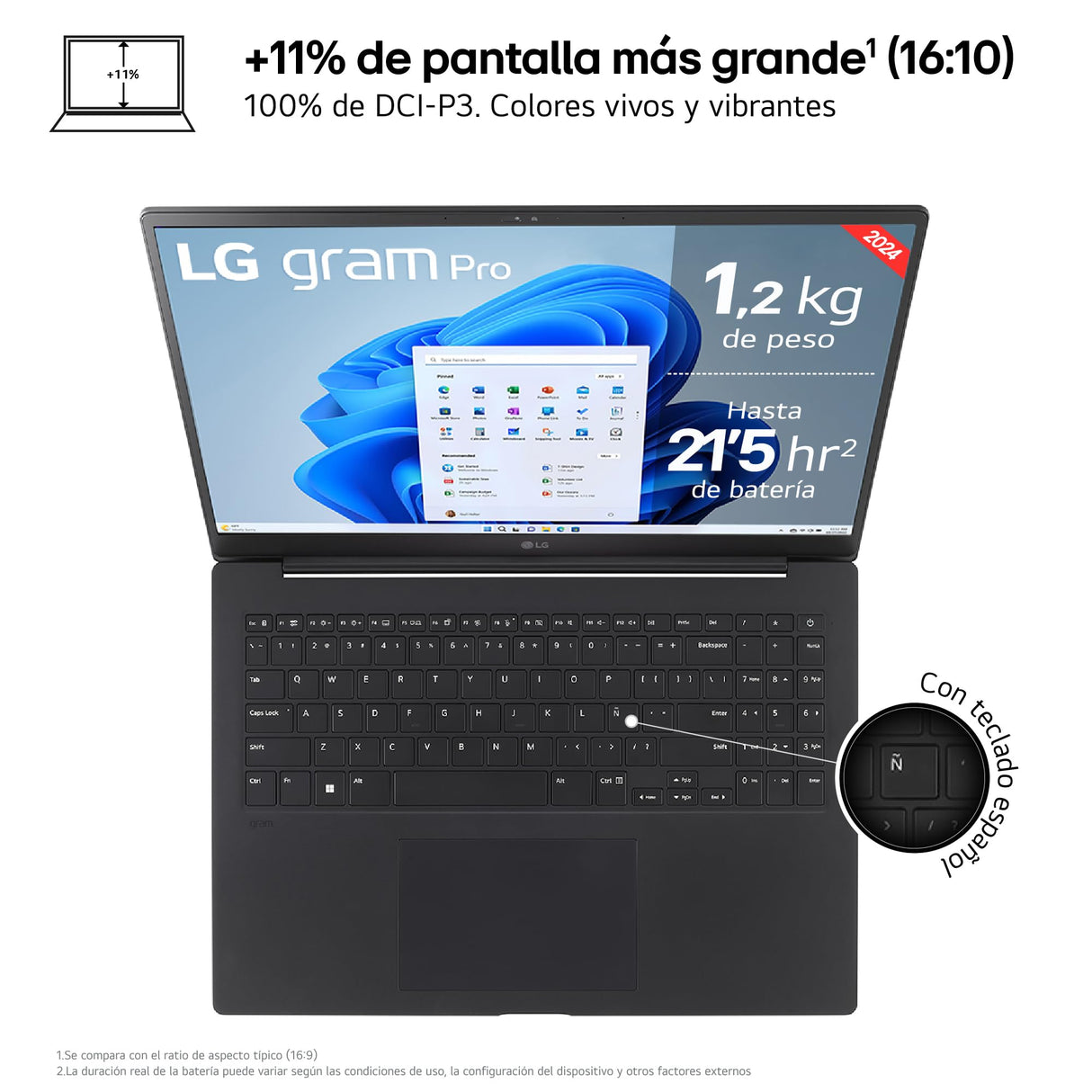 LG Gram Pro 16Z90SP-K.AA75B - Portátil Ultraligero de 40.6 cm (16") 2880x1800, Panel OLED Antirreflejo, Intel® Core™ Ultra 7, 16 GB RAM, 512GB SSD, 1,199 g, Batería 21.5 h, Windows 11, Negro Obsidiana