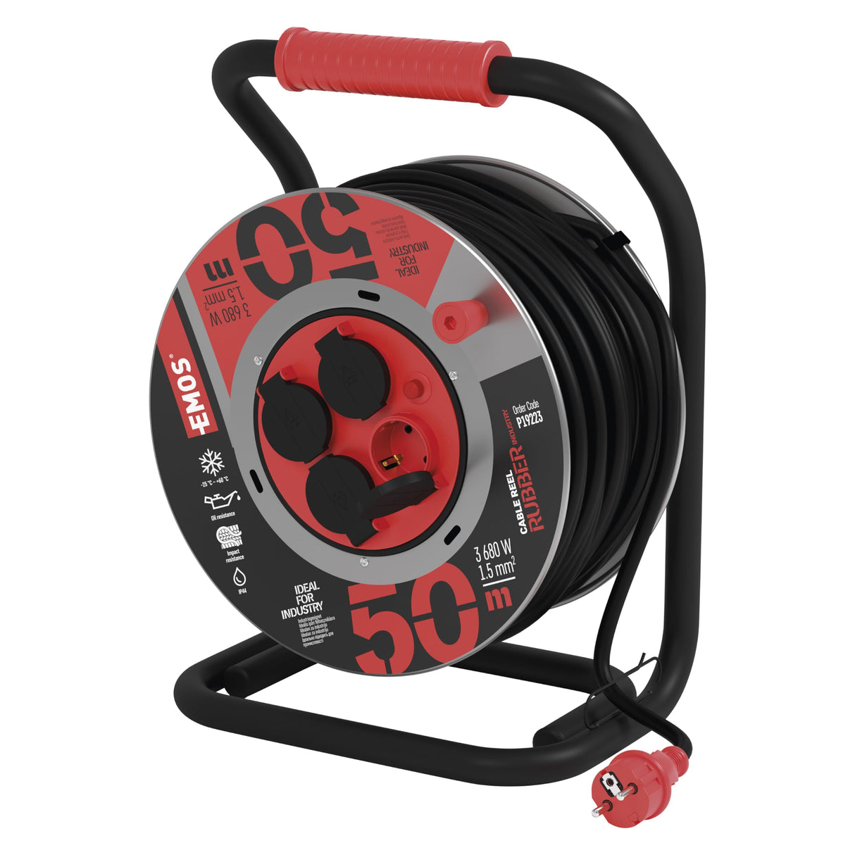 EMOS tambor cable 50 m acero, 4 Schuko, 230 V 16 A 3680 W, goma H07RN-F 1.5 mm², IP44, resistente agua, golpes, aceite, intemperie