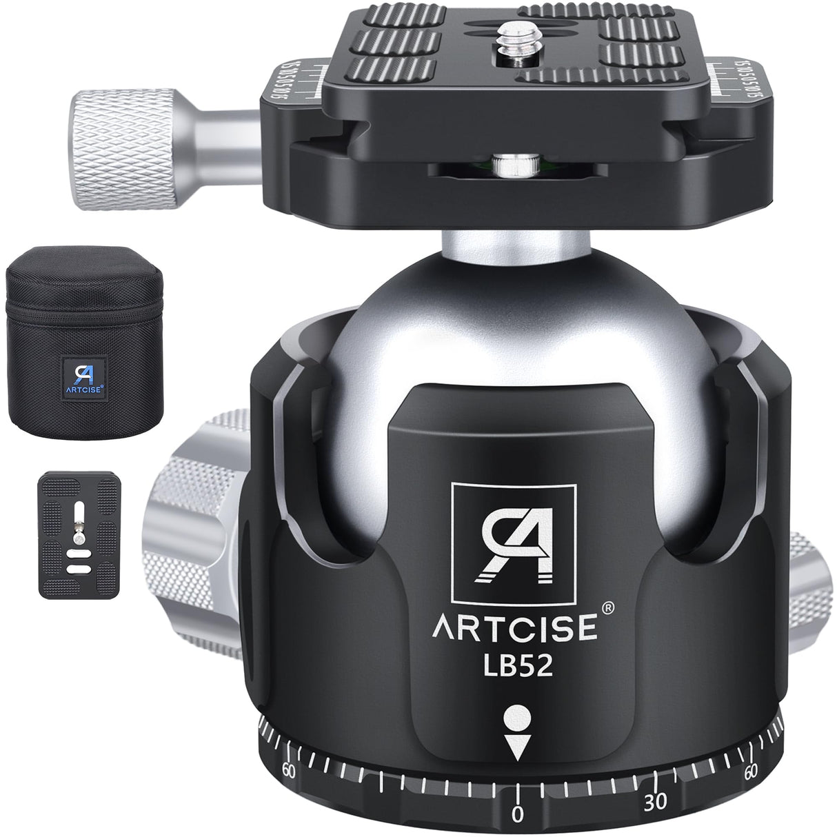 Cabezal de trípode de Perfil bajo, Cabeza de Bola de 52 mm de diámetro ARTCISE LB52, Cabezal de trípode de mecanizado CNC Totalmente metálico con Dos Placas de liberación rápida de 1/4 Pulgadas para