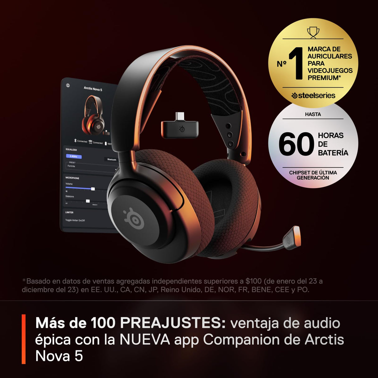 SteelSeries Arctis Nova 5 Cascos gaming inalámbricos PC, PS5, Switch 2, móvil - Controladores magnéticos de neodimio - Más de 100 preajustes de audio - Batería de 60h - 2,4 GHz o BT - Micro Gen2.X