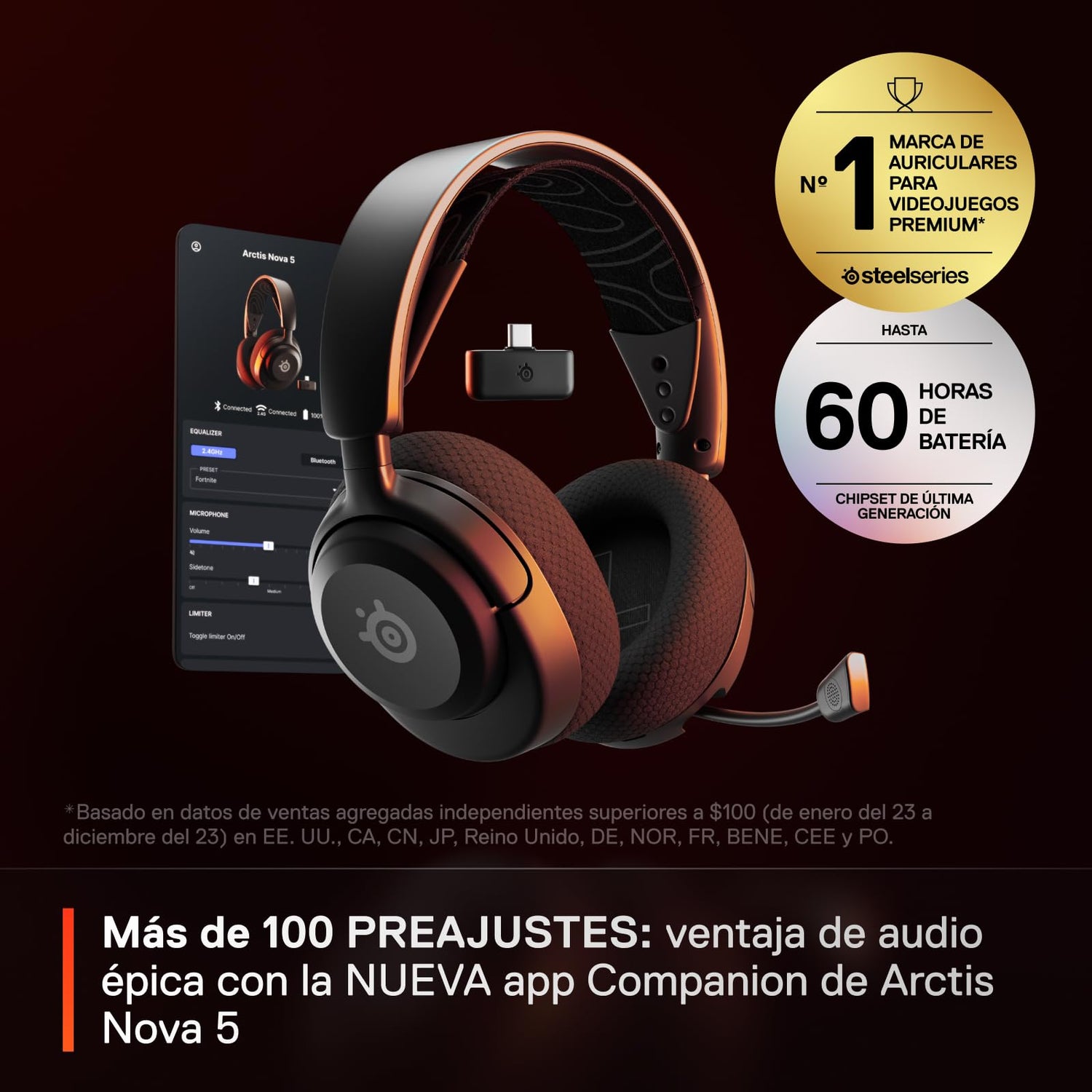 SteelSeries Arctis Nova 5 Cascos gaming inalámbricos PC, PS5, Switch 2, móvil - Controladores magnéticos de neodimio - Más de 100 preajustes de audio - Batería de 60h - 2,4 GHz o BT - Micro Gen2.X