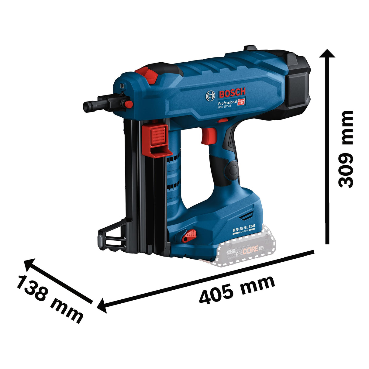 Bosch Professional BITURBO GNB 18V-38 - Clavadora para hormigón con batería (diámetro de 2,7 – 3,0 mm, longitud máxima de clavo: 38 mm, 2 baterías ProCORE 4,0 Ah, cargador GAL 18V-40, 1 lápiz de
