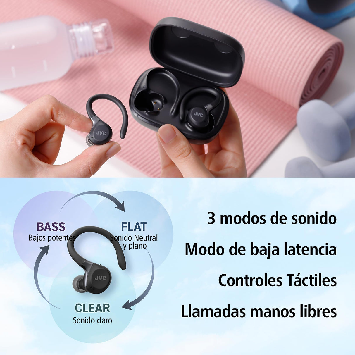 JVC Auriculares Inalámbricos Deportivos HA-EC75T, Ganchos Ajustables, 40h Batería, Cancelación de Ruido + Modo Ambiente, Resistencia IP57, Baja Latencia, Micrófono – Negro
