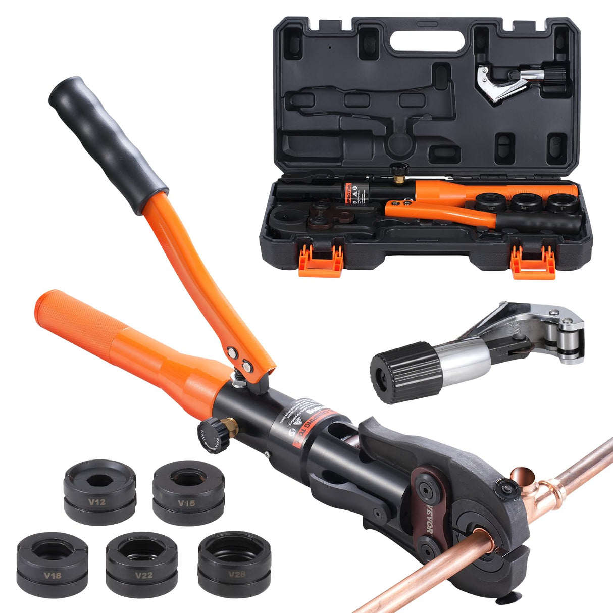 VEVOR Herramienta de Prensado Hidráulica de Tuberías para Accesorios de Tubos de Cobre, Mordazas de Cambio Rápido V12, V15, V18, V22, V28, Giratorio de 360° para Espacios Confinados, 415 x 220 x 70 mm