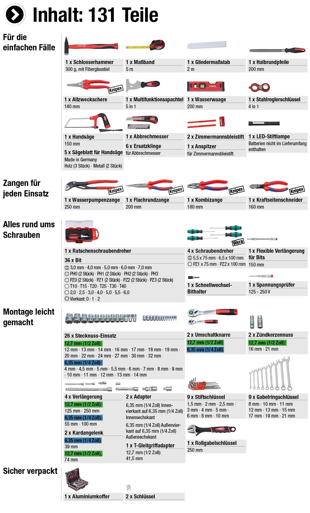 Meister 8973750 - Maletín de herramientas de 131 piezas con herramientas de calidad de Knipex y Wera - Maletín de aluminio estable/Maletín de herramientas profesional con herramientas
