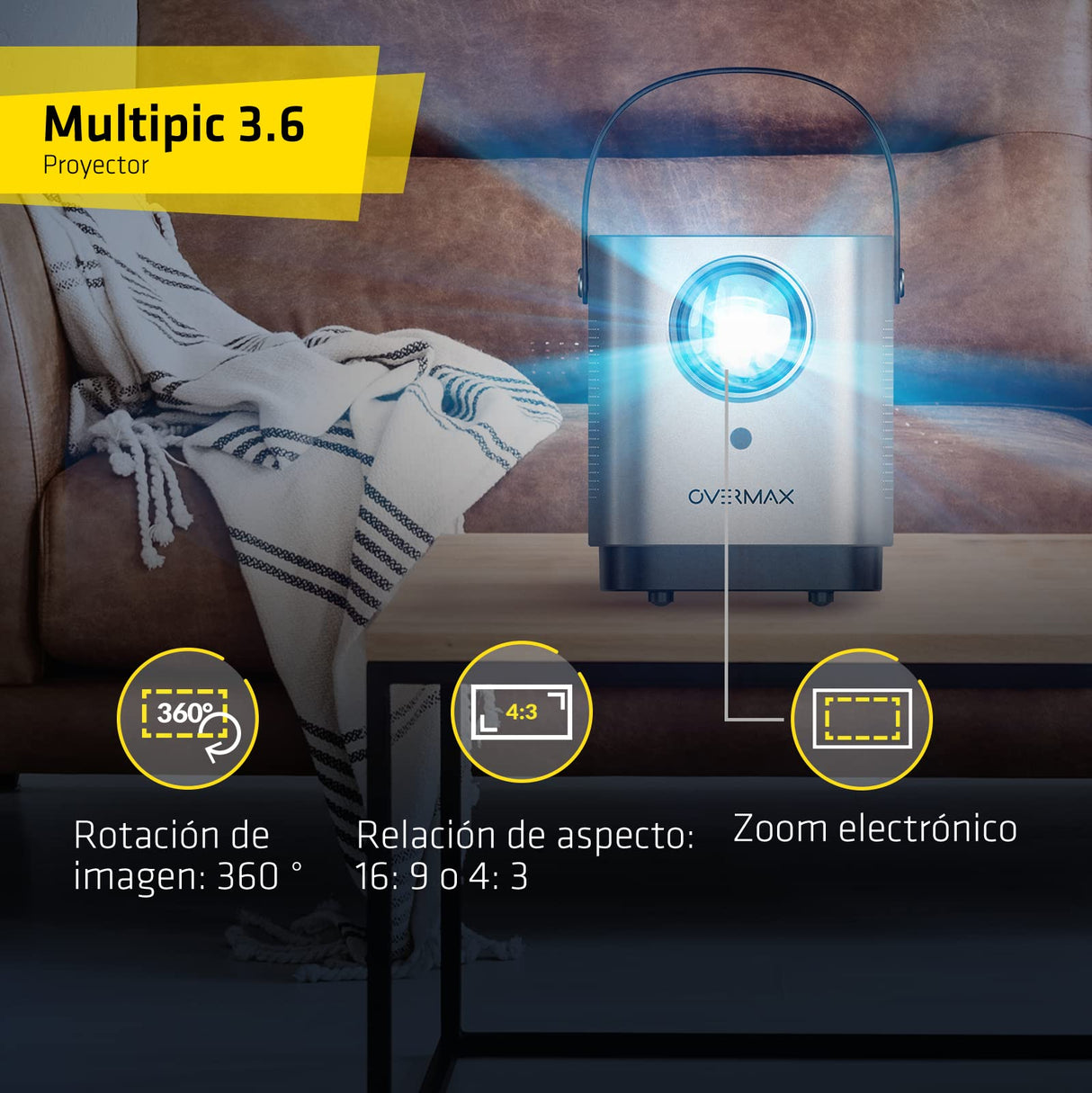 OVERMAX Multipic 3.6 Proyector, proyector portátil de hasta 150", Home Cinema HD 720p, 3500 lúmenes, WiFi, relación de Aspecto: 16:9, 4:3, 2 Altavoces estéreo, HDMI, USB, AV, Salida DE Audio, IR