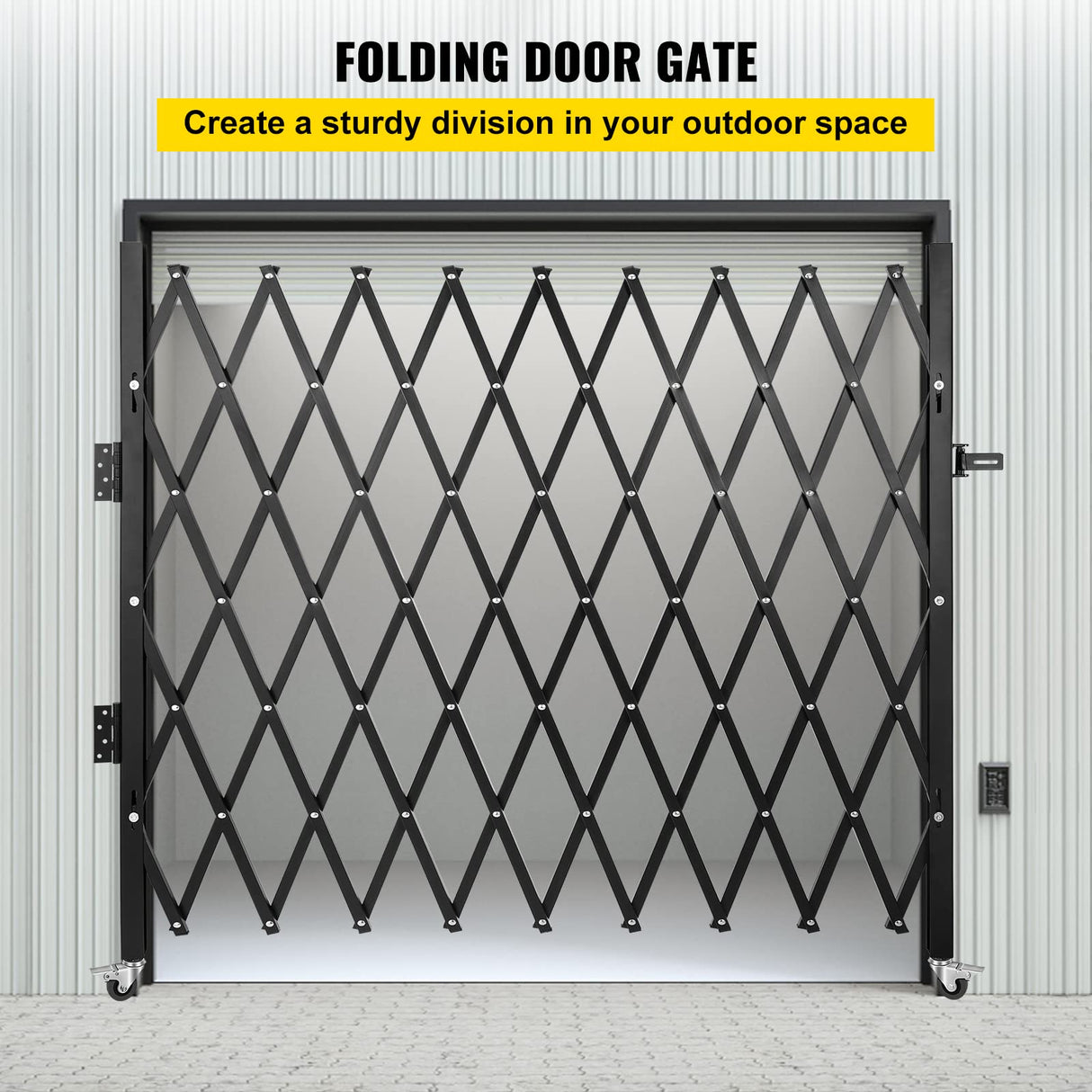 VEVOR Barrera de Seguridad Extensible Plegable Individual 2,4 x 2,16 m Valla de Escalera de Acero Enrollable 360° Puerta de Tijera o Puerta con candado para Garaje del sótano de casa, Negro