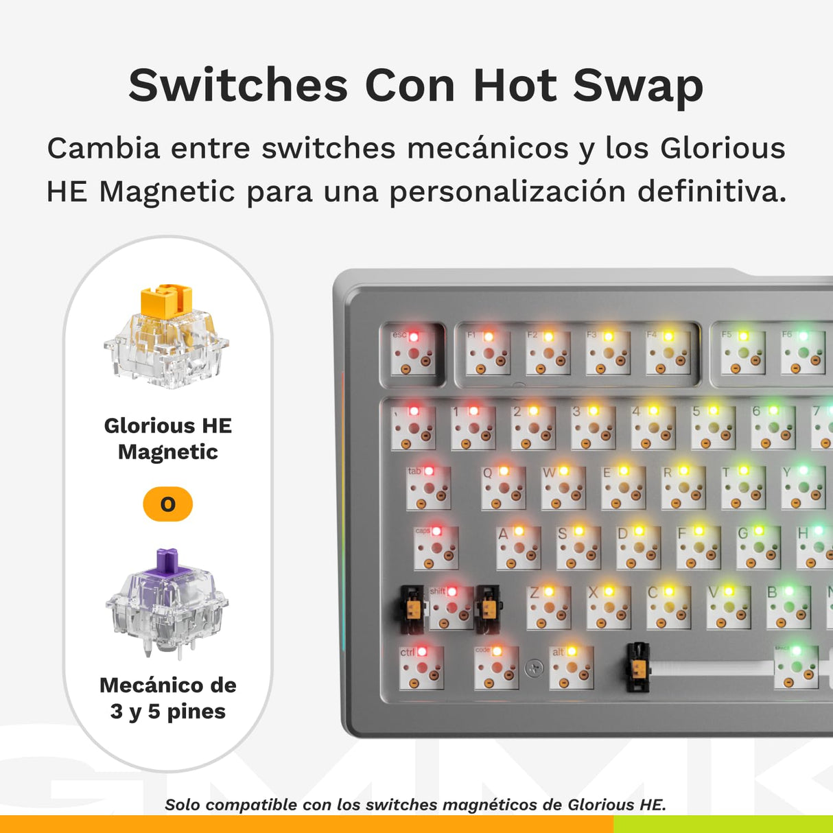 Glorious Gaming GMMK 3 Pro HE: Teclado Gaming inalámbrico, Hall Effect, Carcasa de Aluminio, tasa 8K, switches Hot Swap MX/HE, acción Ajustable, TKL 75% QWERTY Estadounidense (Plata)