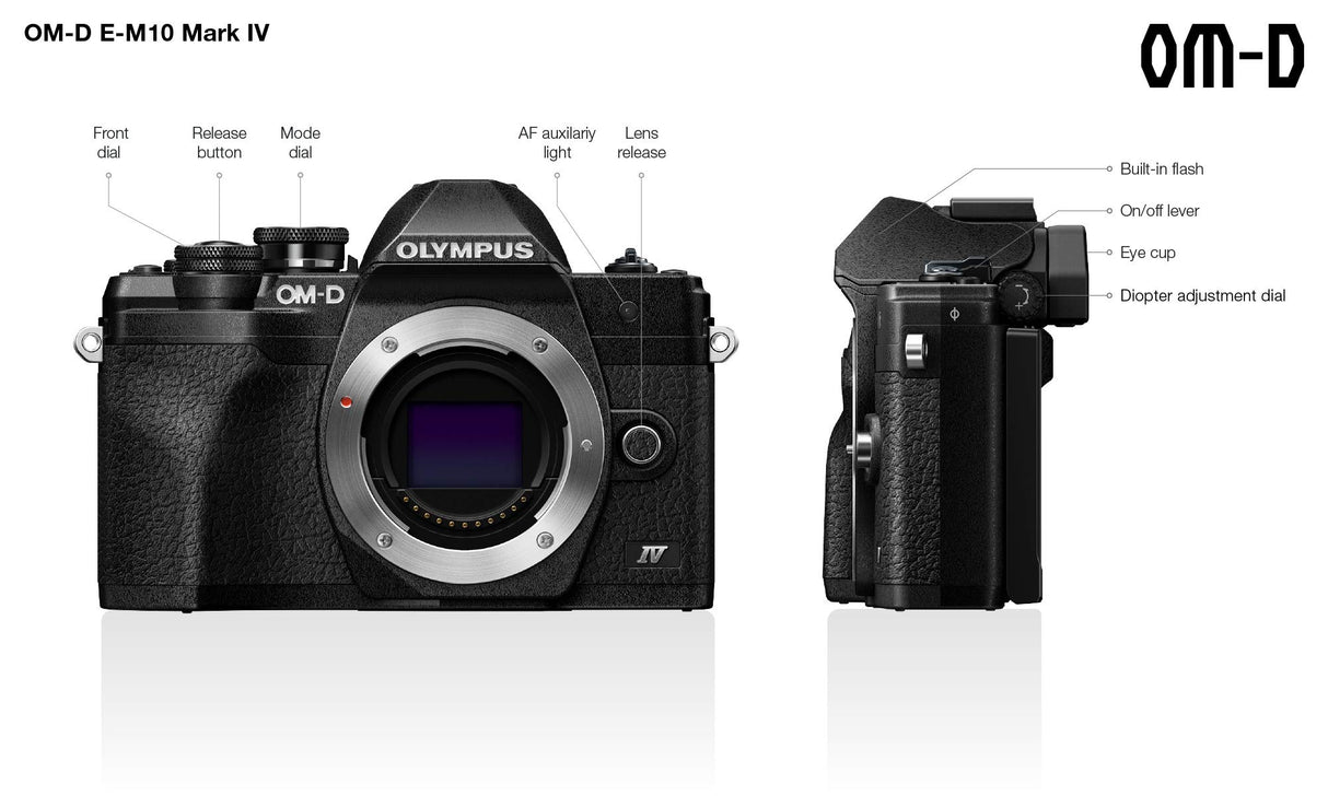 Cámara del Sistema Micro Four Thirds Olympus OM-D E-M10 Mark IV, Sensor de 20 Mpx, estabilizador de Imagen en 5 Ejes, Visor electrónico, vídeo 4K, Potente Enfoque automático, Wi-Fi, Negra
