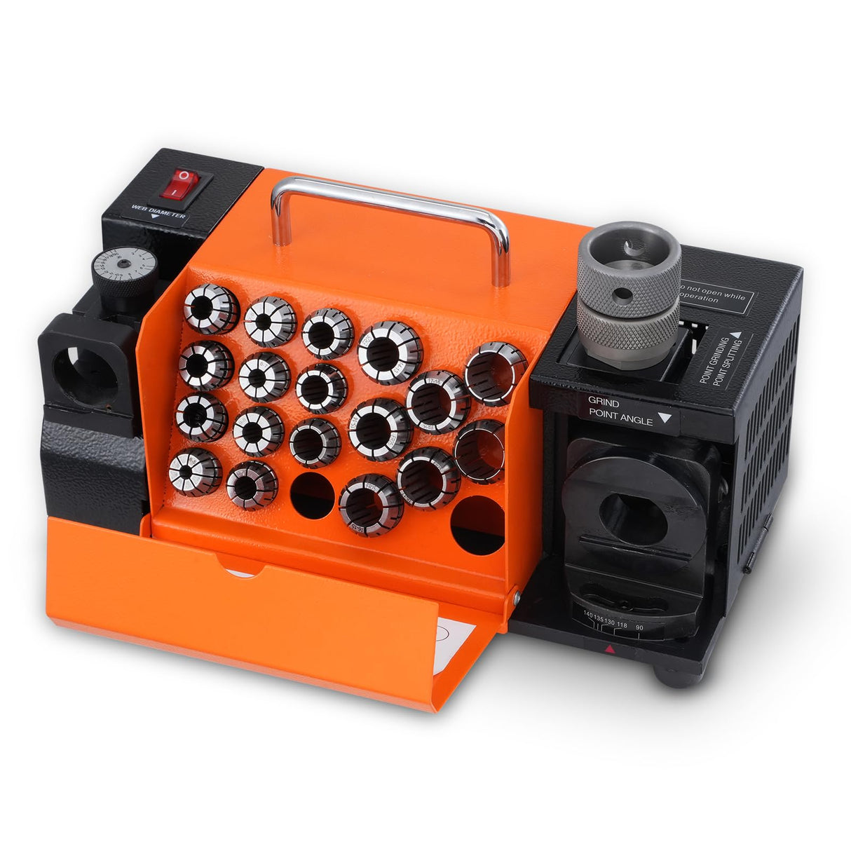 VEVOR Afilador de Brocas 290x145x160mm Afilador de Fresas Ángulo de Descarga de Labios de 3-20 mm Ángulo de Punta Ajustable 95°-135° Afilador de Brocas Portátil con 18 Pinzas, Muela Abrasiva CBN y SDC