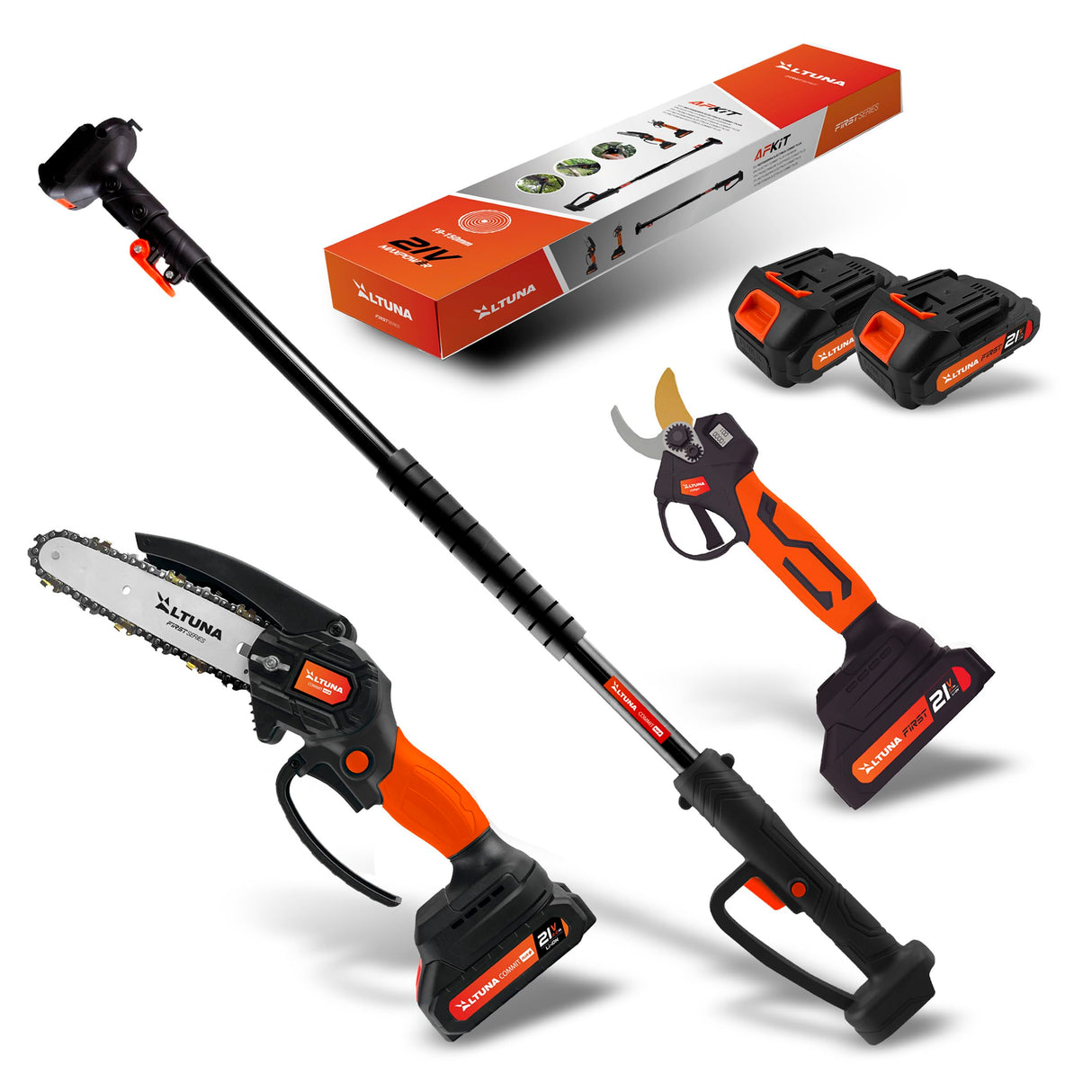 Altuna Kit de Poda a Baterรญa de Titanio - Motosierra a Baterรญa + Tijeras de Podar Elรฉctricas + Pรฉrtiga Telescรณpica - Incluye 2 Baterรญas - Pรฉrtiga de 1,63m para Poda en Altura - Con Cargador y Gafas